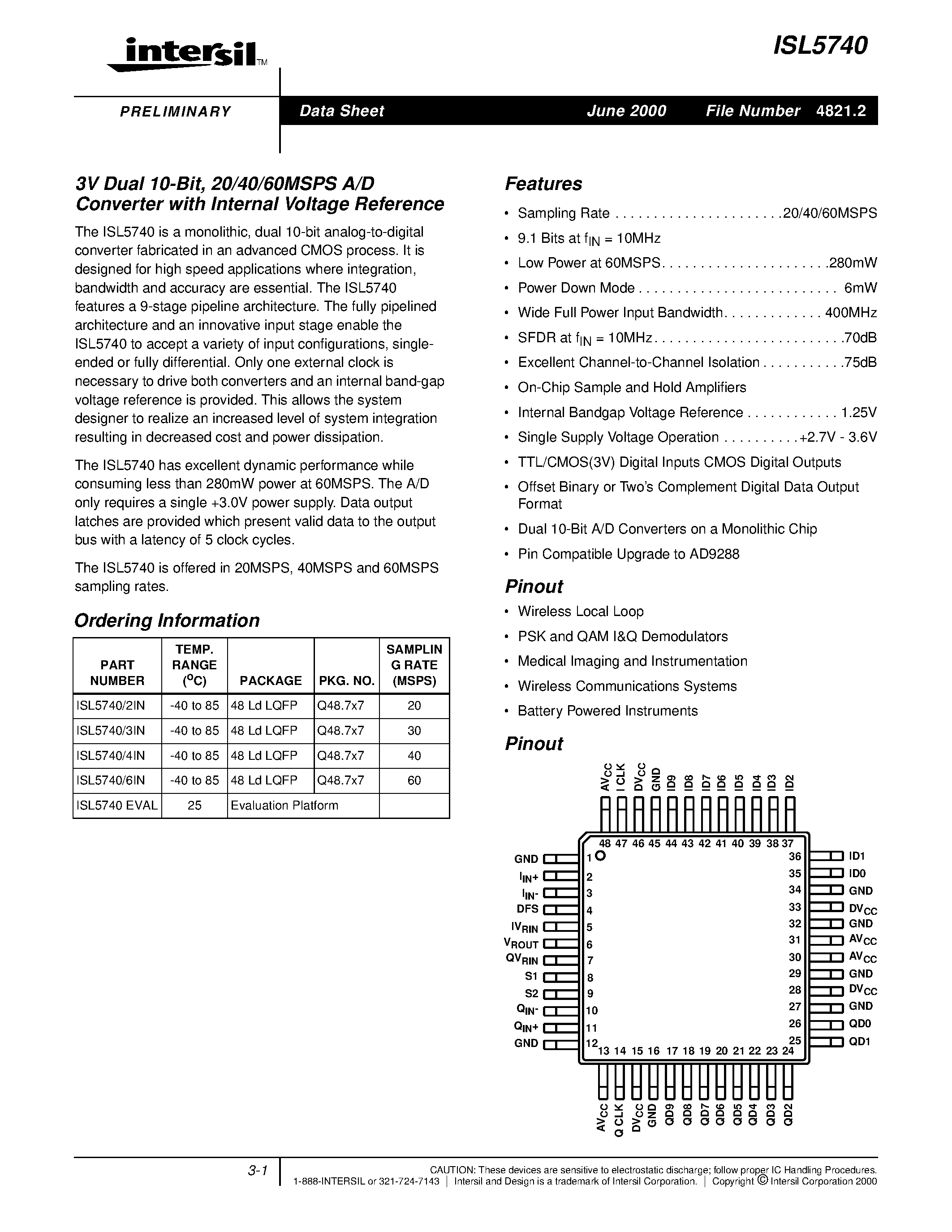 Даташит ISL57403IN - 3V Dual 10-Bit/ 20/40/60MSPS A/D Converter with Internal Voltage Reference страница 1