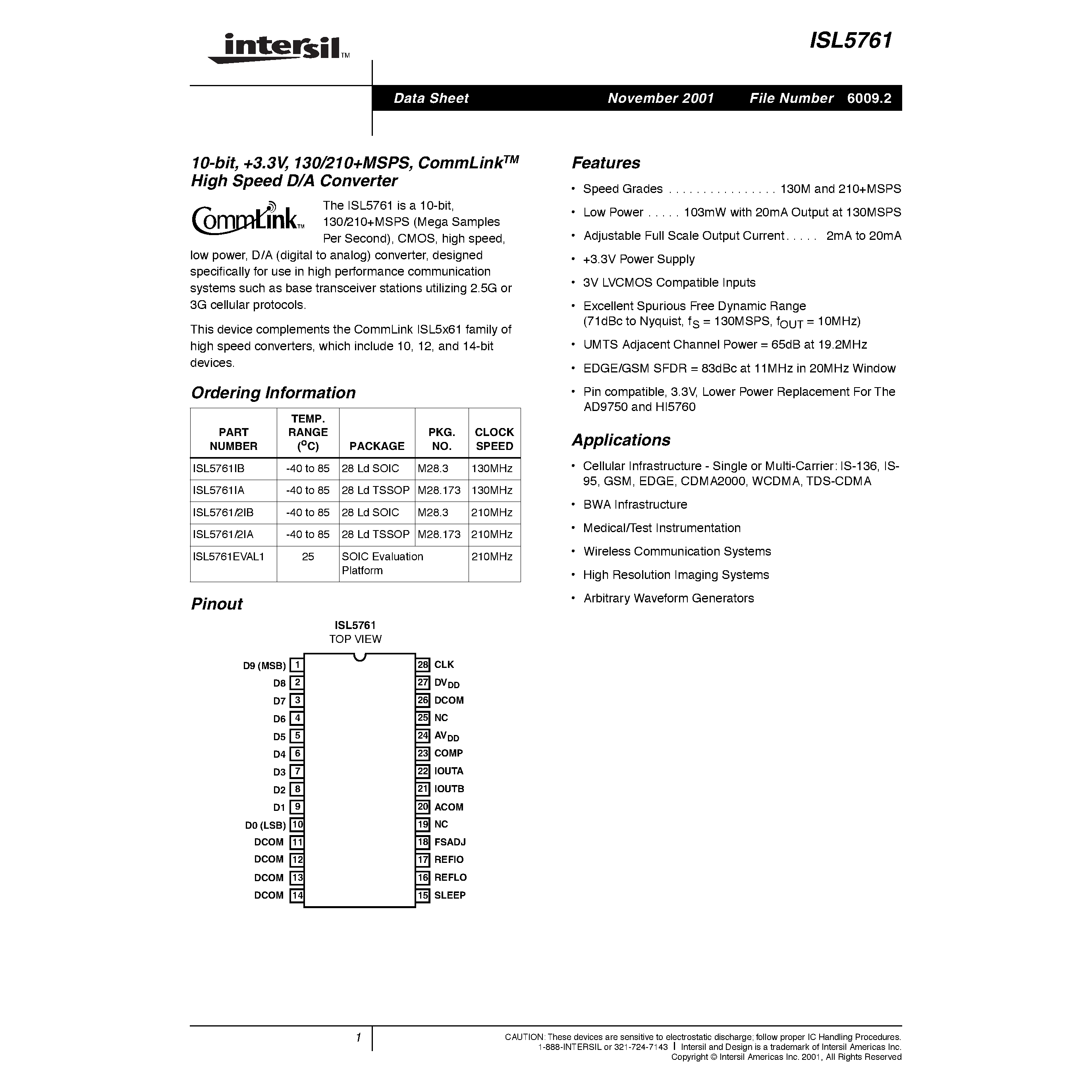 Даташит на микросхему ISL5761IB страница 1 Даташит ISL5761IB - 10-bit/ +3.3V/ 130/210MSPS/ CommLink TM High Speed D/A Converter страница 1