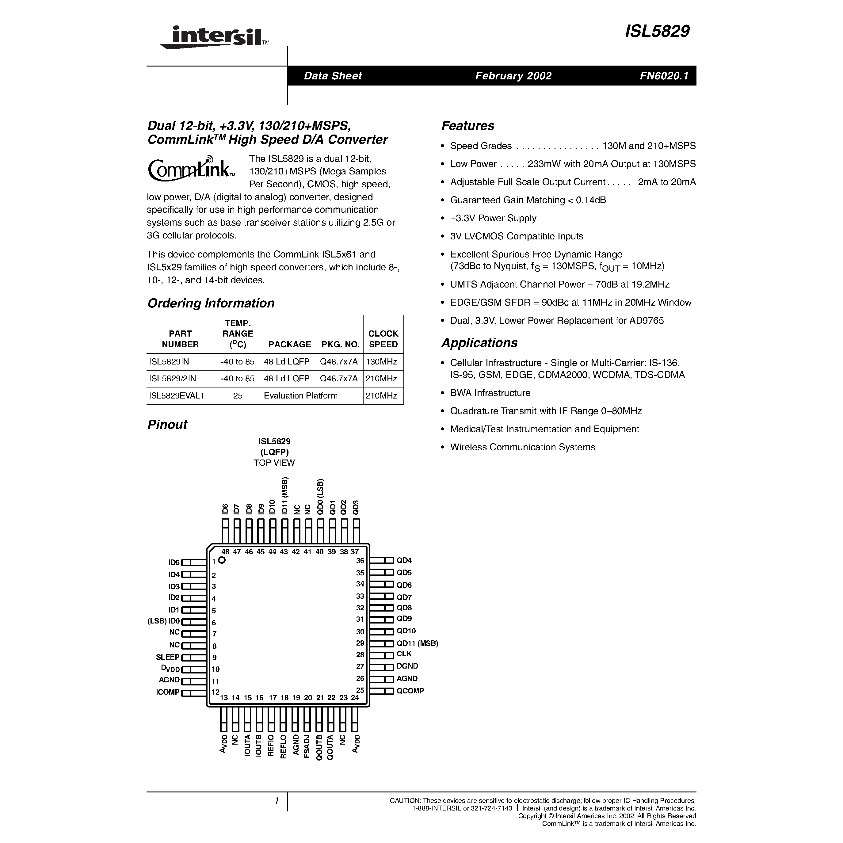 Даташит ISL5829 - Dual 12-bit/ +3.3V/ 130/210MSPS/ CommLink TM High Speed D/A Converter страница 1