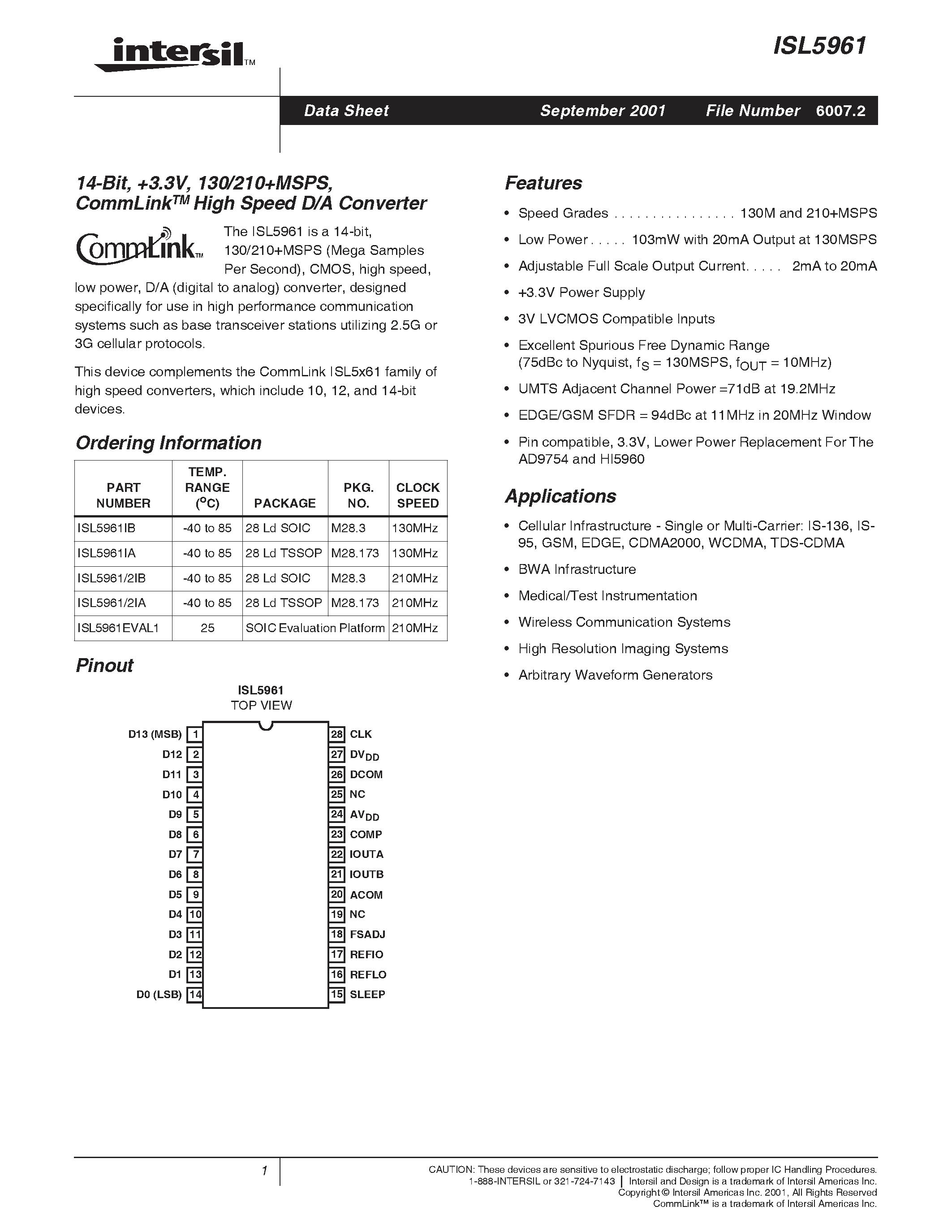 Даташит ISL5961IB - 14-Bit/ +3.3V/ 130/210MSPS/ CommLinkTM High Speed D/A Converter страница 1