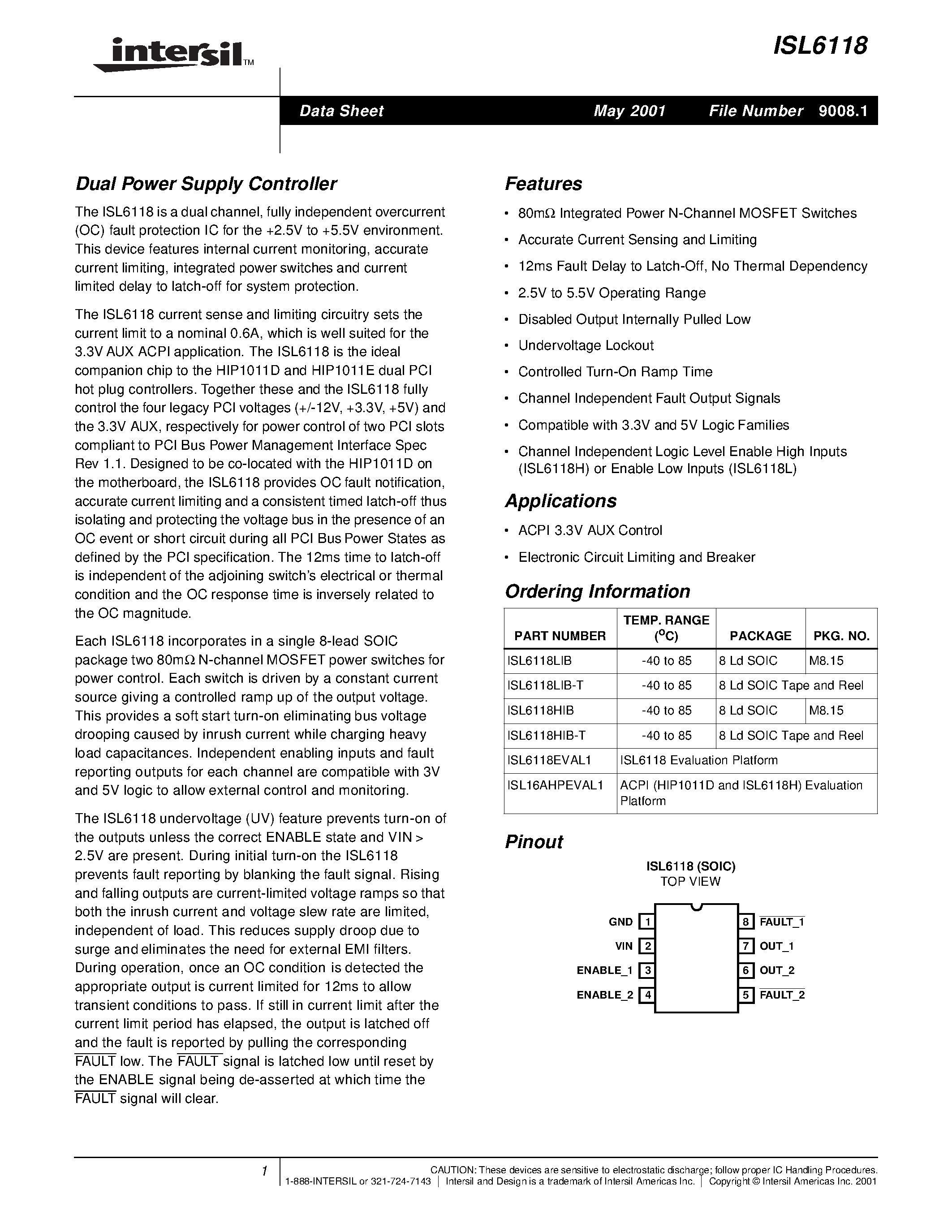 Datasheet ISL6118 - Dual Power Supply Controller page 1
