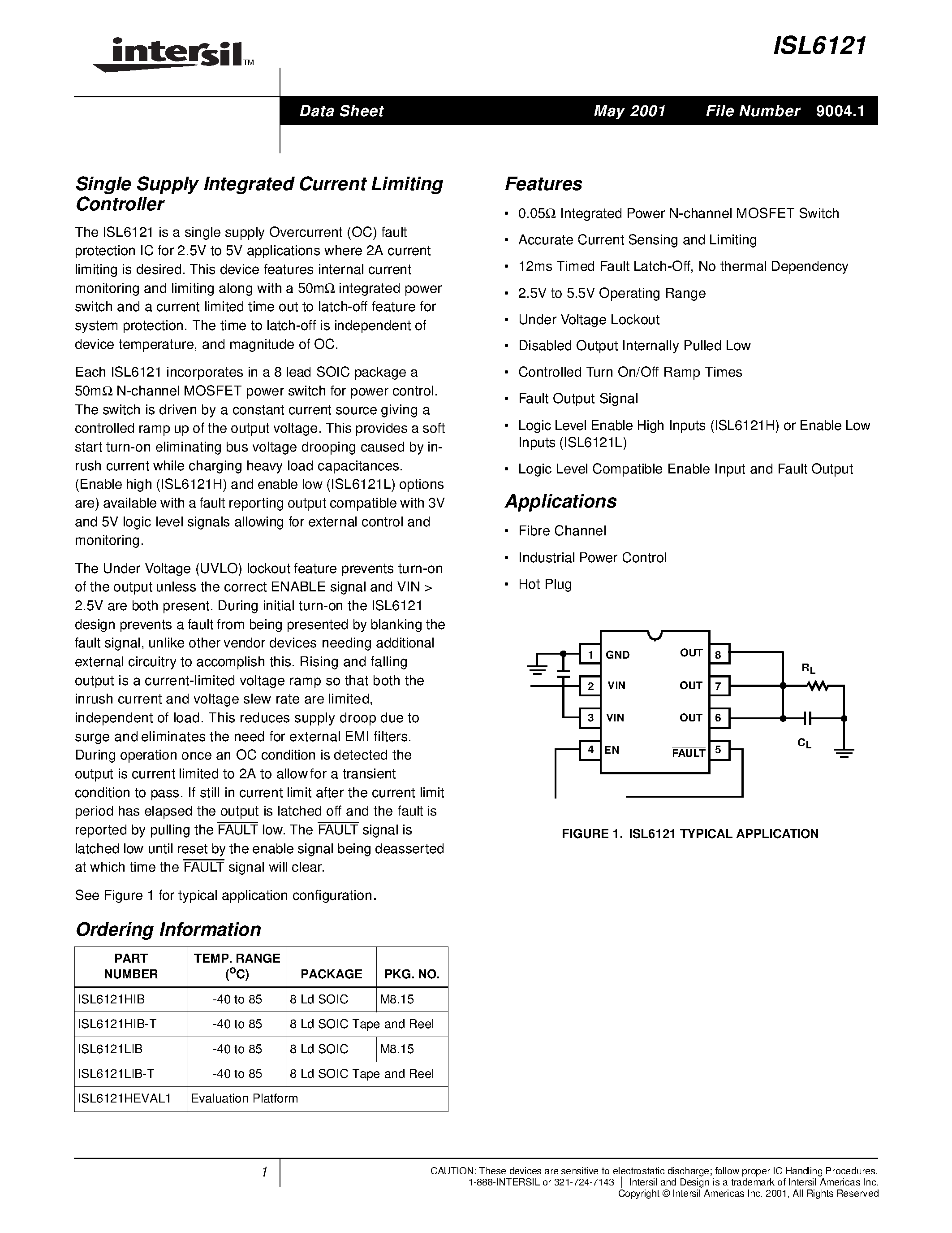 Datasheet ISL6121HEVAL1 - Single Supply Integrated Current Limiting Controller page 1
