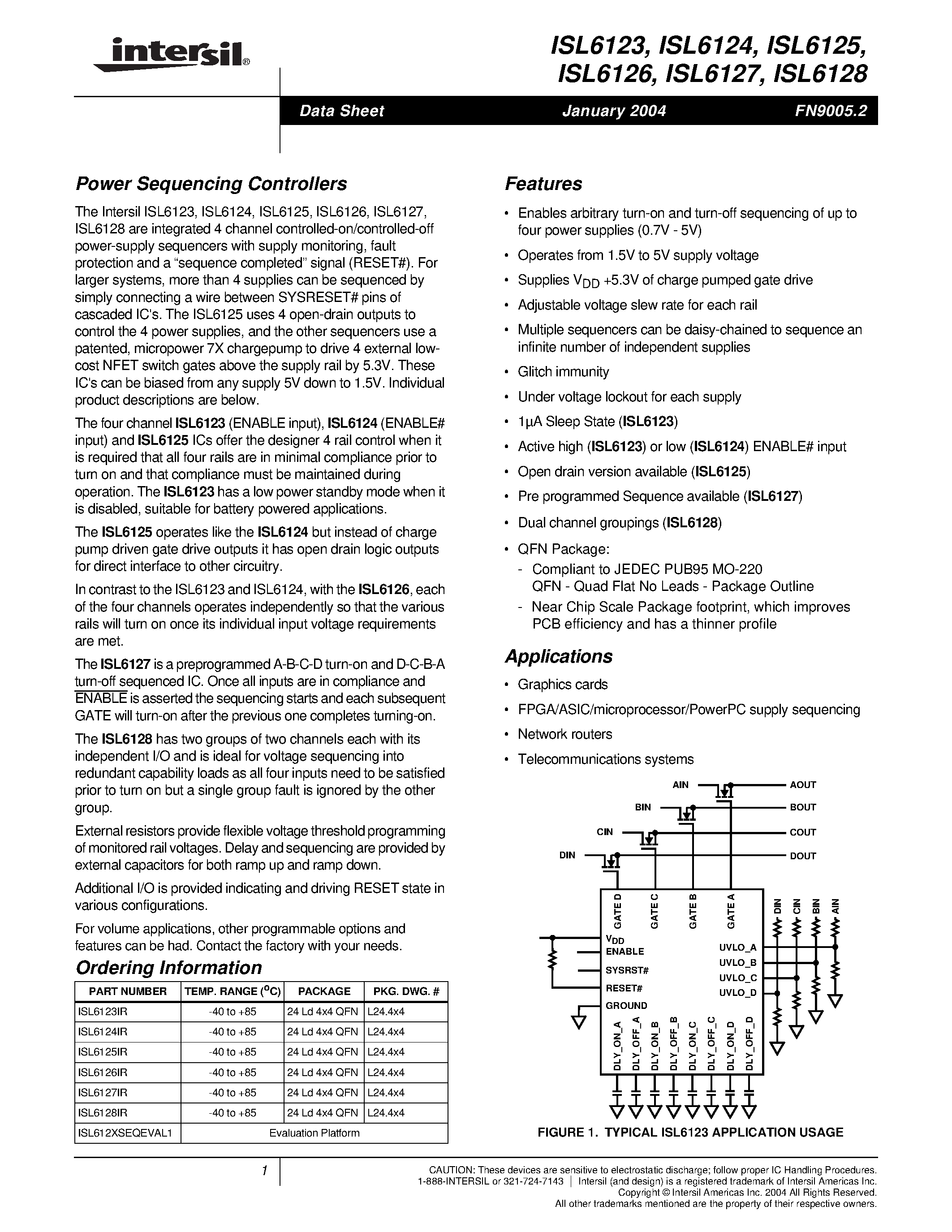 Datasheet ISL6125IR page 1 Datasheet ISL6125IR - Power Sequencing Controllers page 1