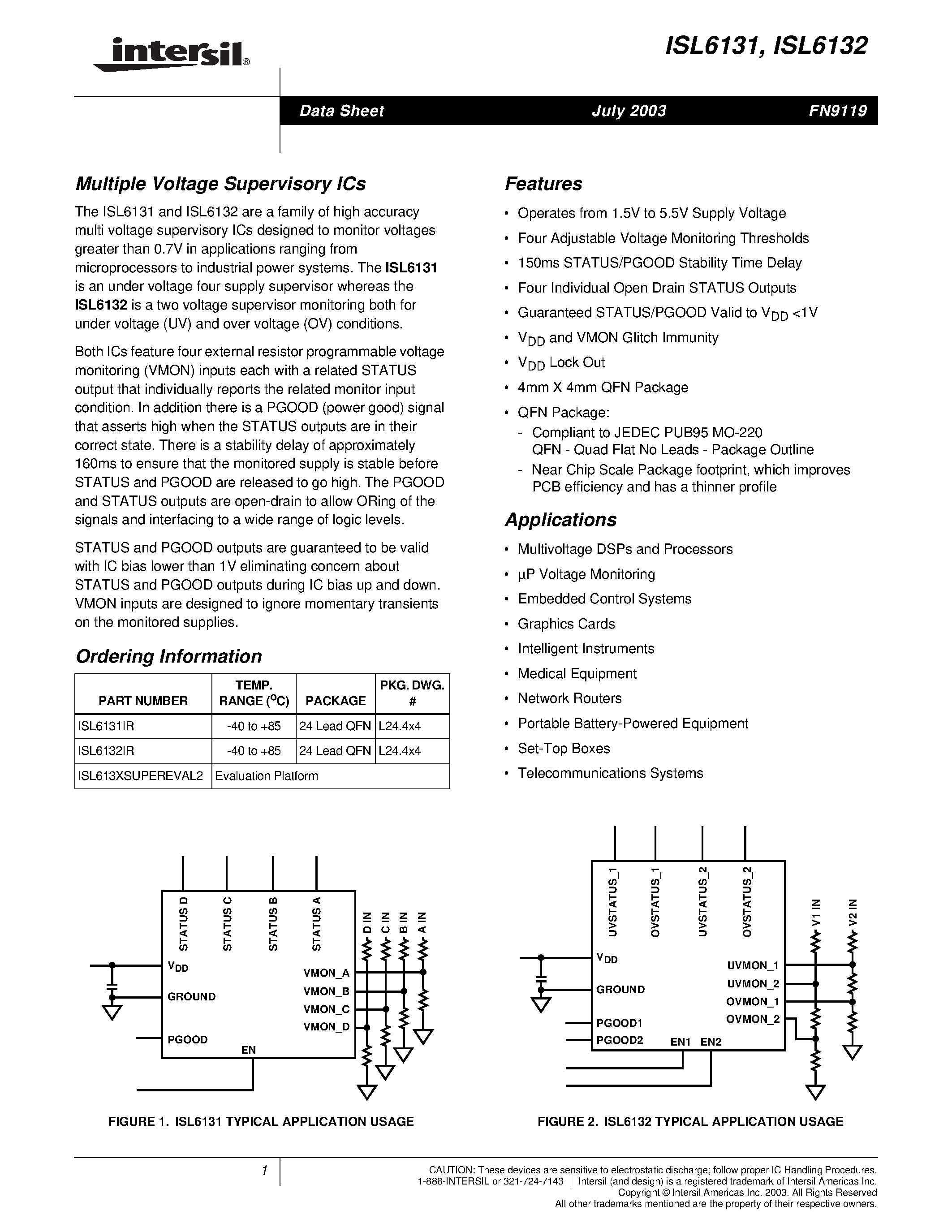Datasheet ISL6131IR - Multiple Voltage Supervisory ICs page 1