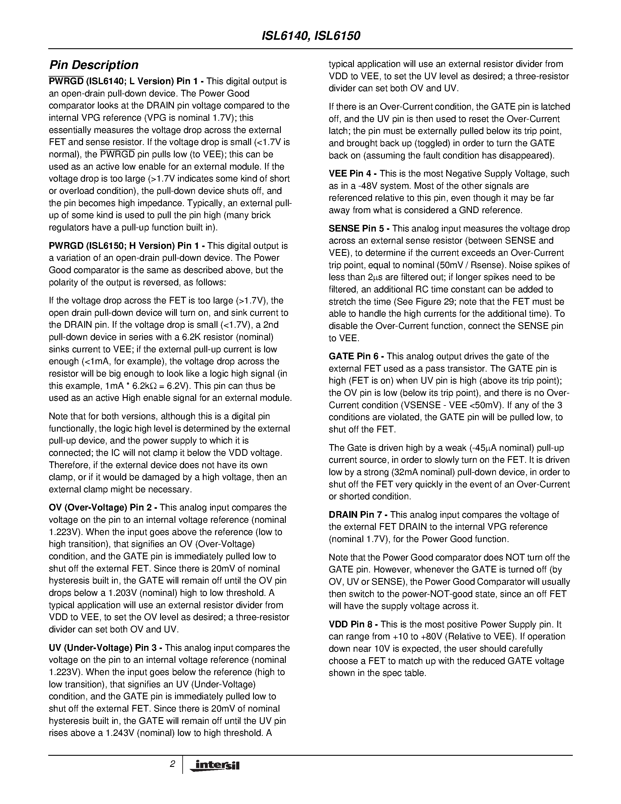 Datasheet ISL6140 - Negative Voltage Hot Plug Controller page 2