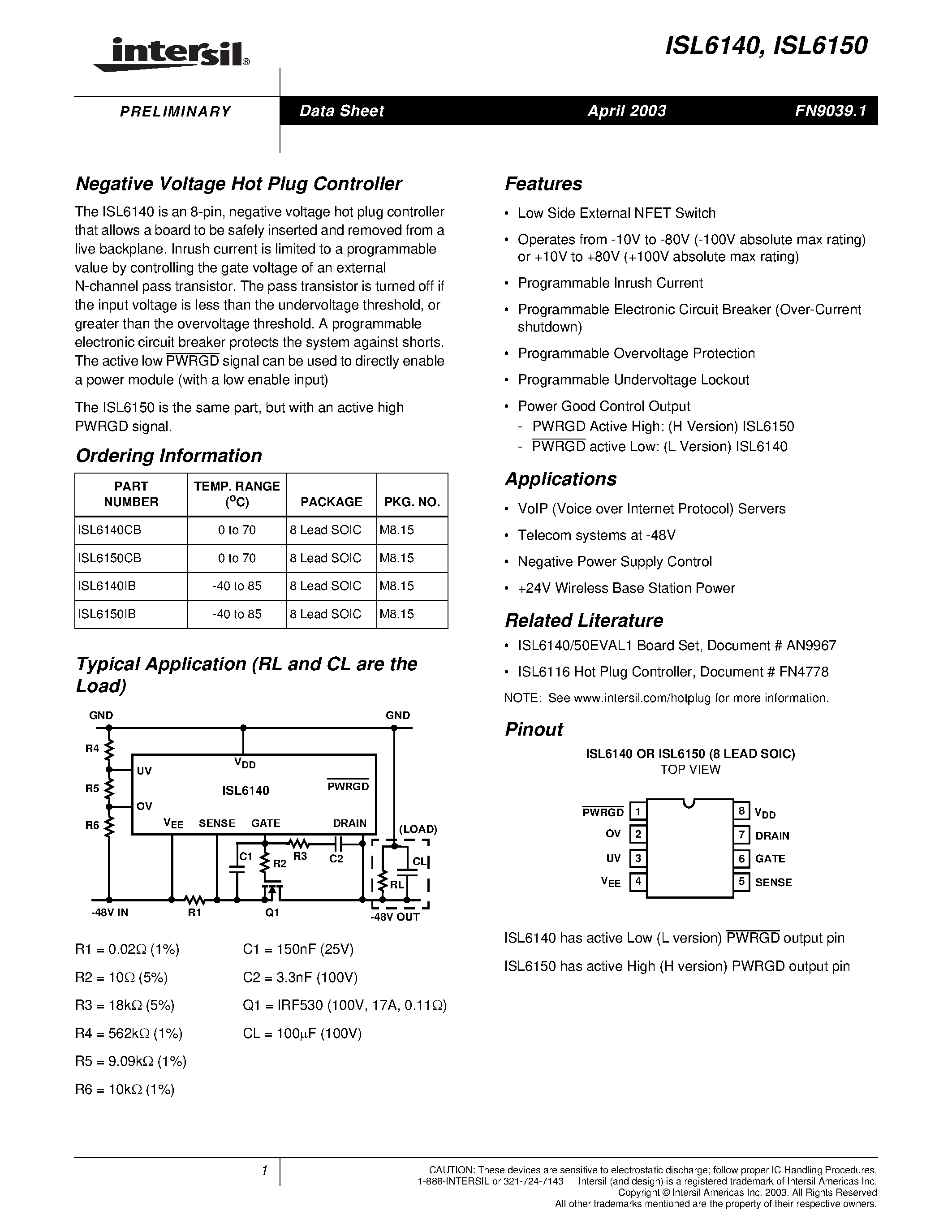 Datasheet ISL6140IB page 1 Datasheet ISL6140IB - Negative Voltage Hot Plug Controller page 1