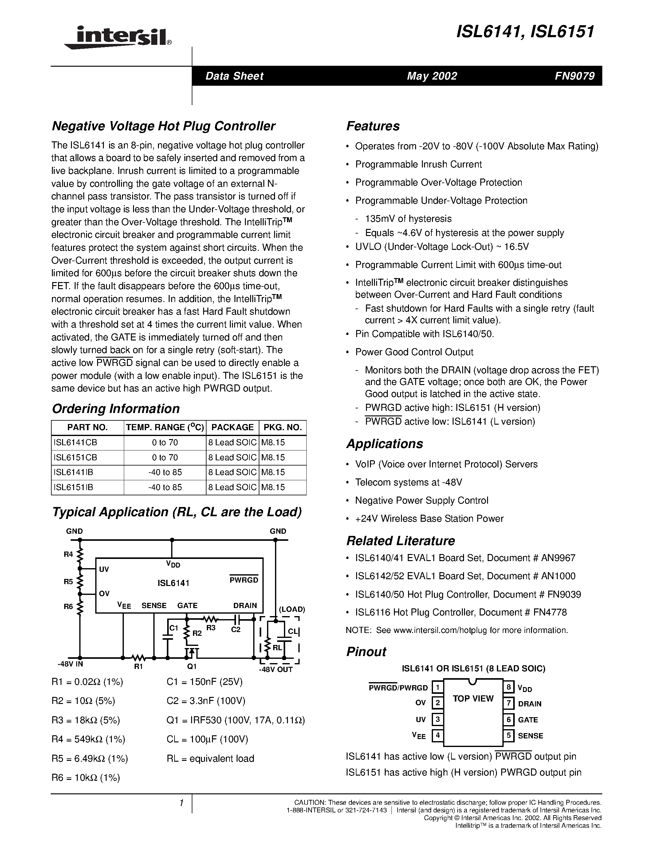 Datasheet ISL6151CB page 1 Datasheet ISL6151CB - Negative Voltage Hot Plug Controller page 1