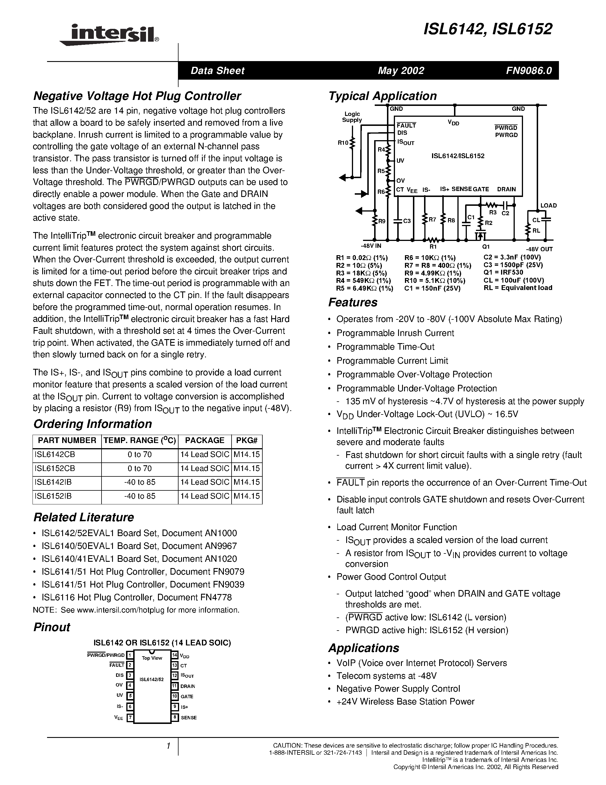 Datasheet ISL6152 - Negative Voltage Hot Plug Controller page 1