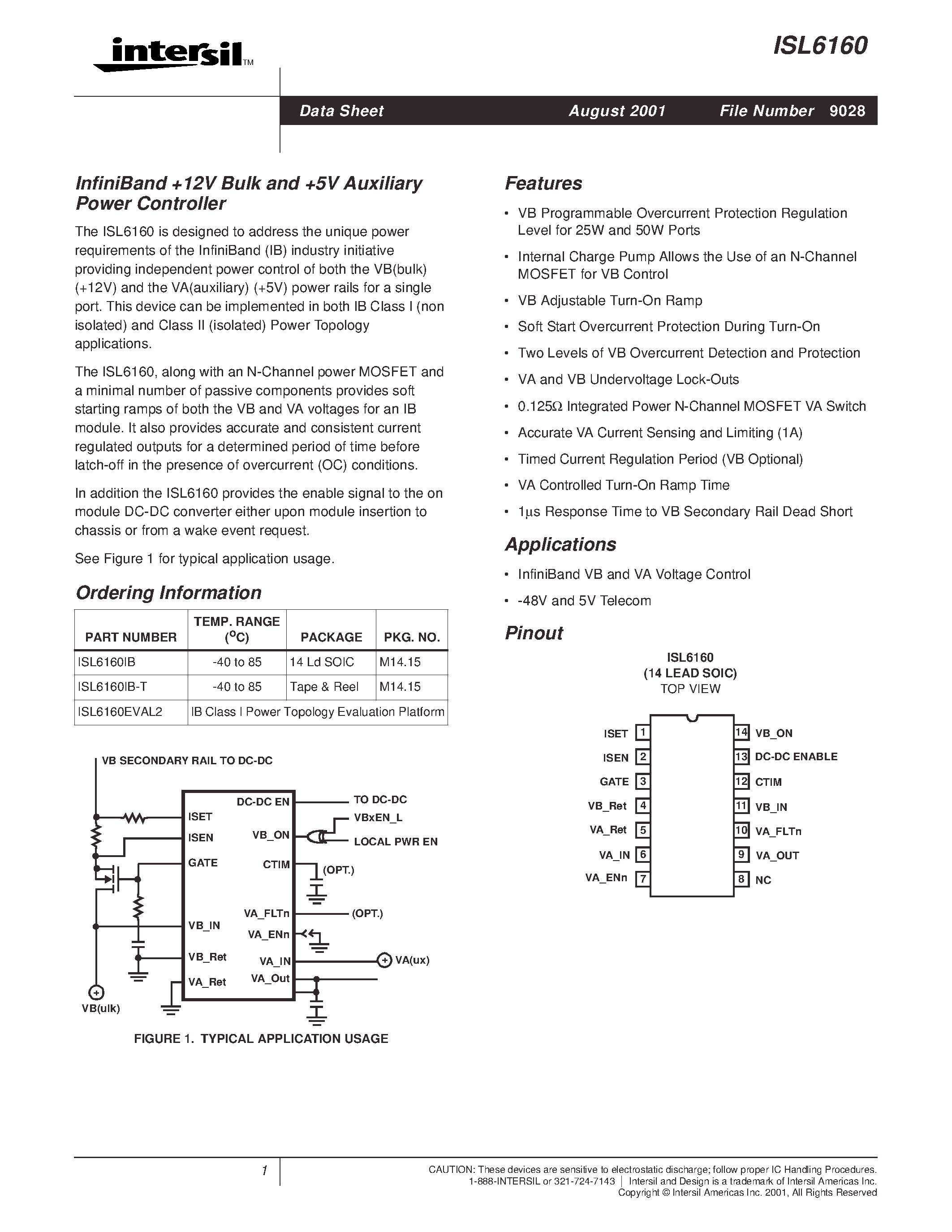 Datasheet ISL6160CBZA - InfiniBand +12V Bulk and +5V Auxiliary Power Controller page 1