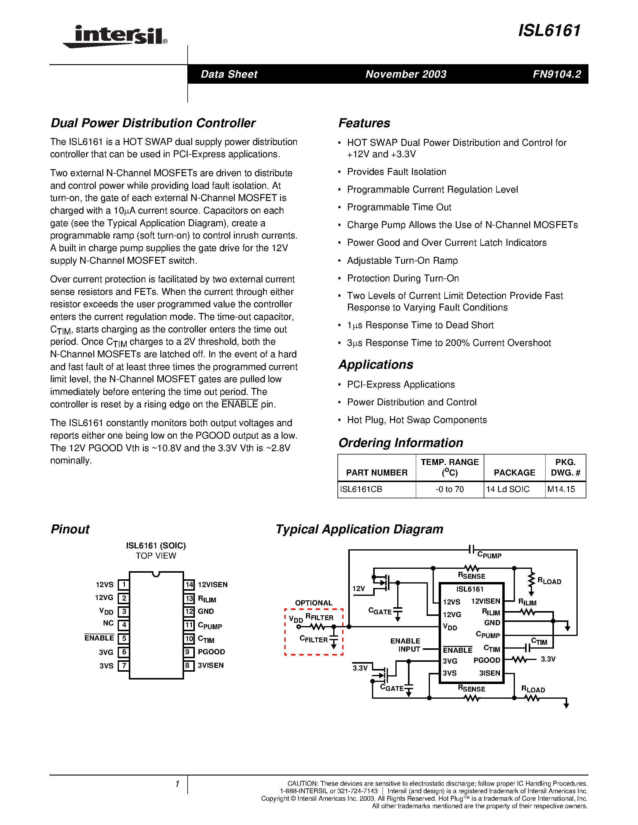 Datasheet ISL6161CB - Dual Power Distribution Controller page 1