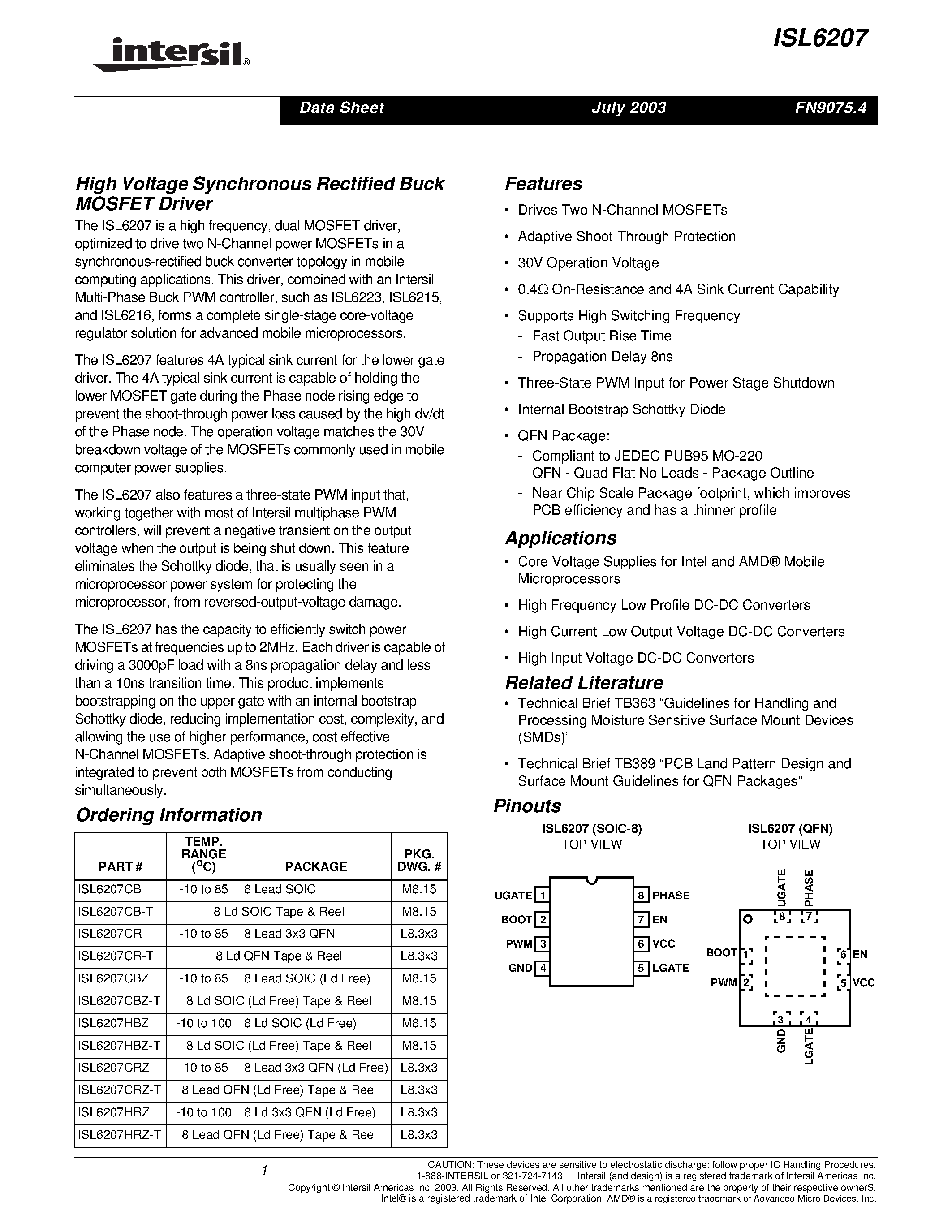 Datasheet ISL6207CB-T - High Voltage Synchronous Rectified Buck MOSFET Driver page 1