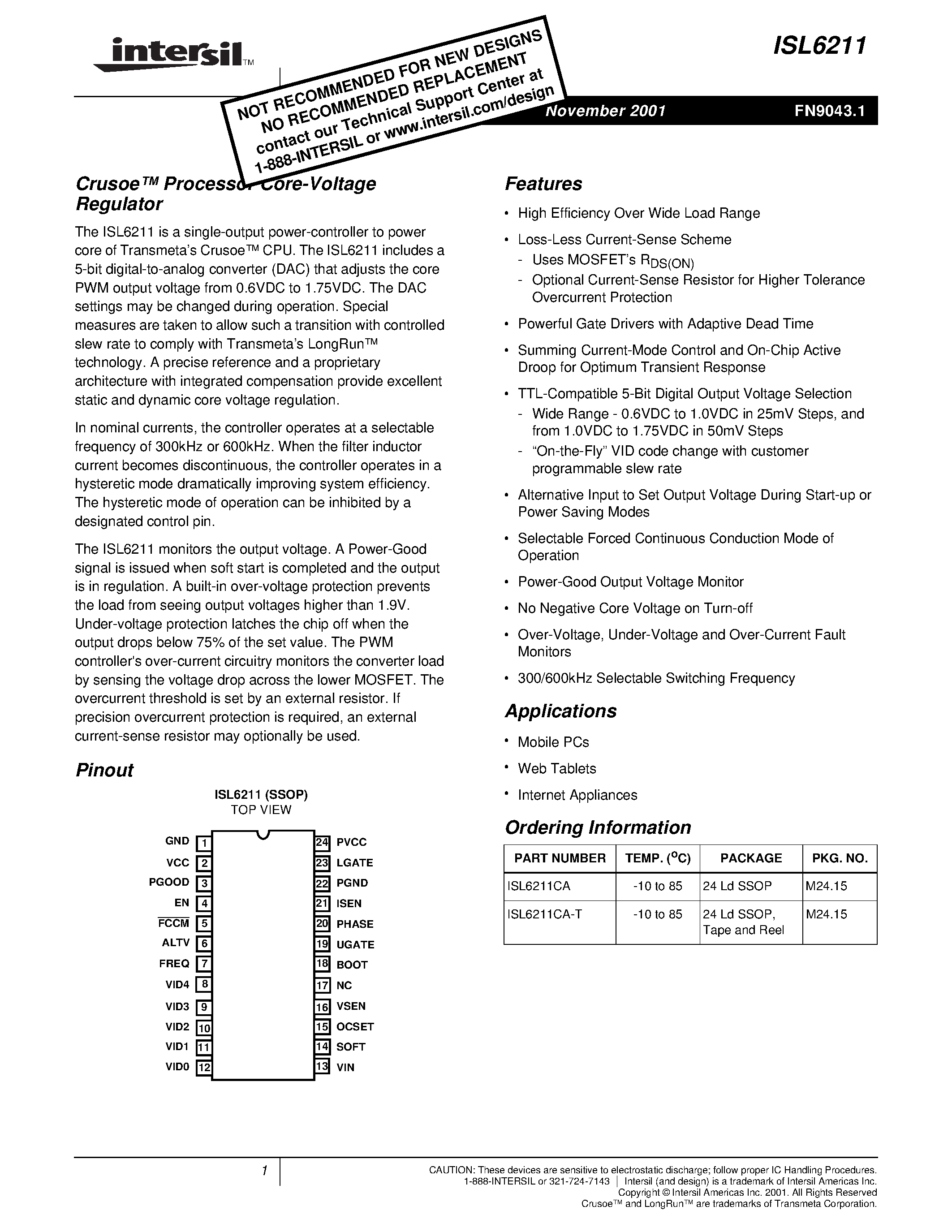 Datasheet ISL6211CA-T page 1 Datasheet ISL6211CA-T - Crusoe Processor Core-Voltage Regulator page 1