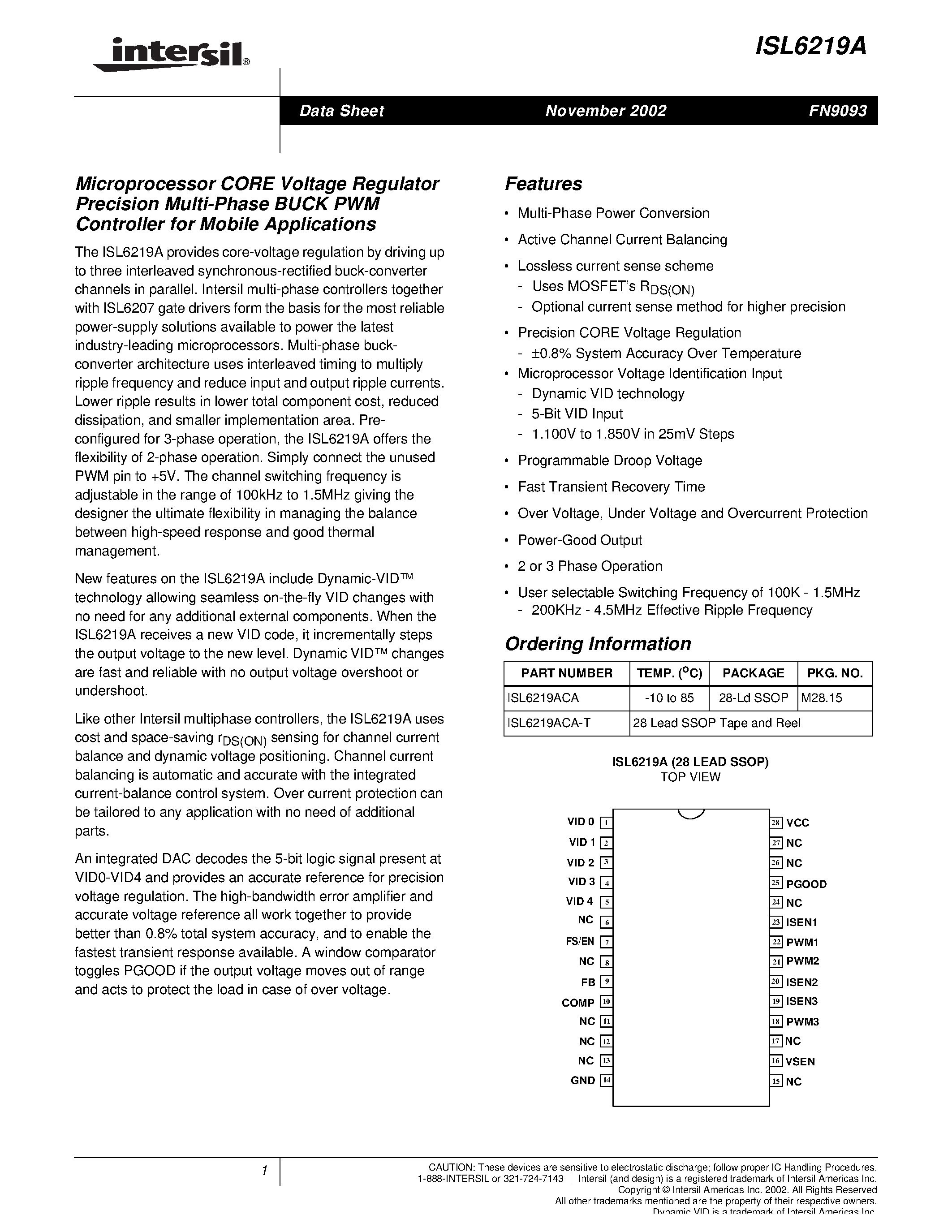 Datasheet ISL6219A - Microprocessor CORE Voltage Regulator Precision Multi-Phase BUCK PWM Controller for Mobile Applications page 1