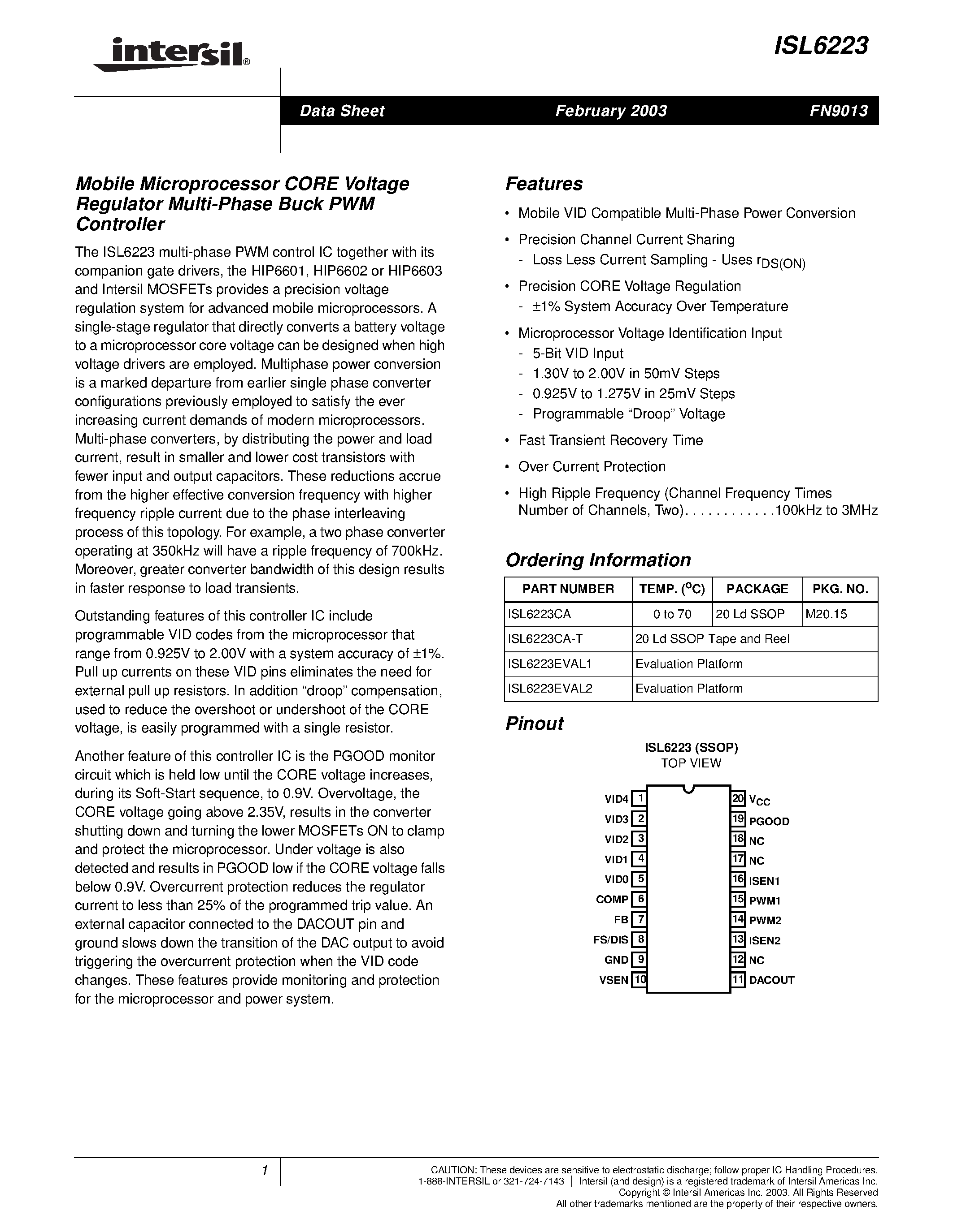 Datasheet ISL6223EVAL1 - Mobile Microprocessor CORE Voltage Regulator Multi-Phase Buck PWM Controller page 1
