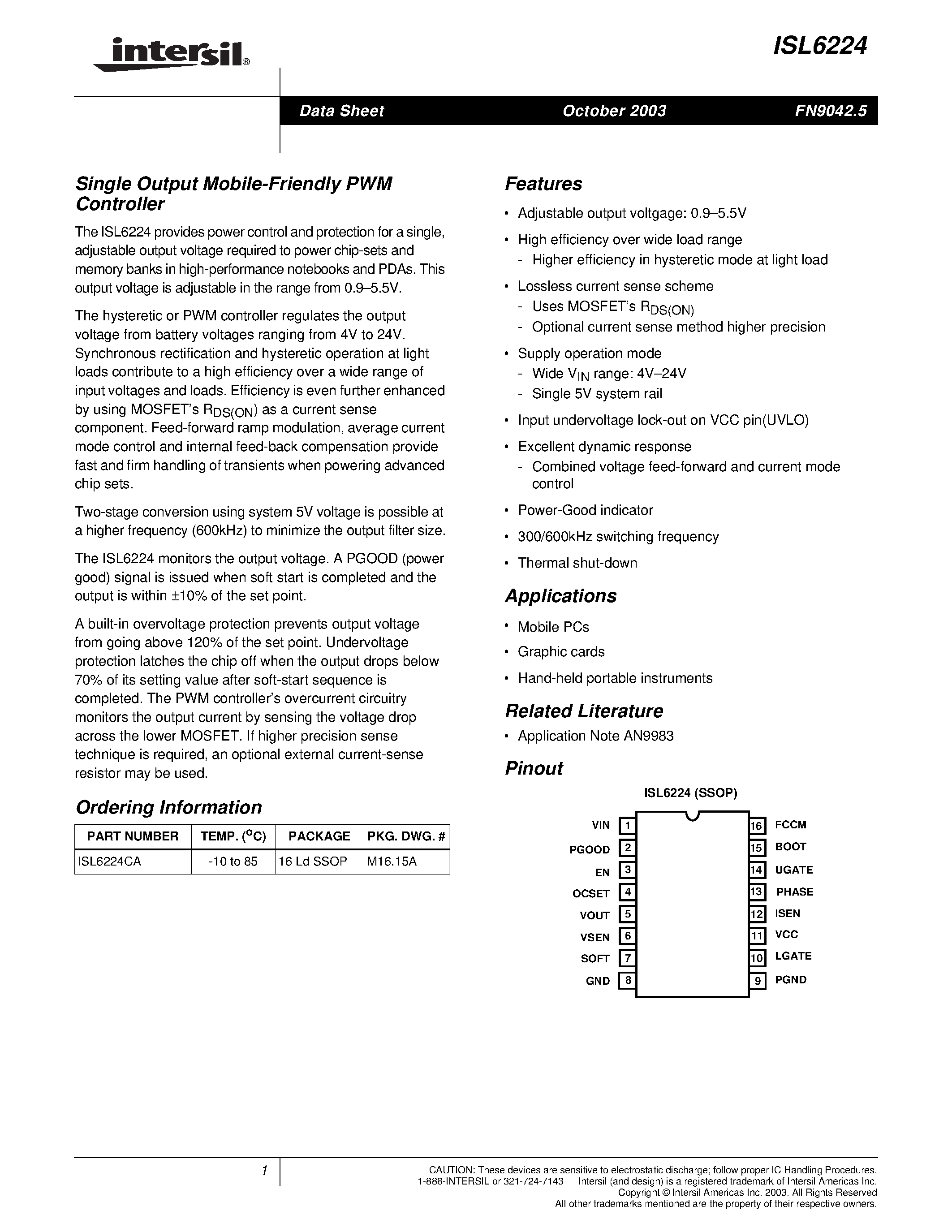 Datasheet ISL6224 - Single Output Mobile-Friendly PWM Controller page 1
