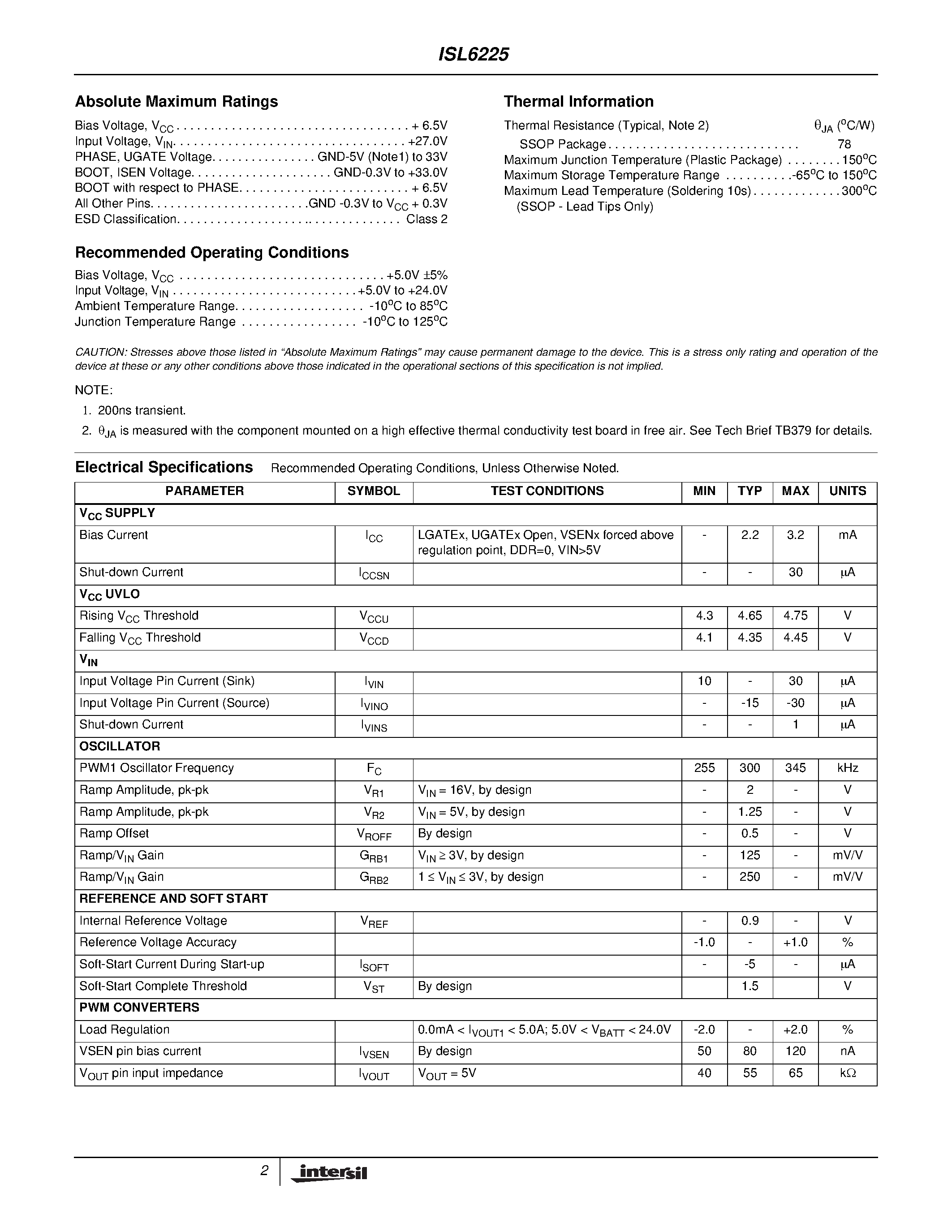 Datasheet ISL6225CA-T page 2 Datasheet ISL6225CA-T - Dual Mobile-Friendly PWM Controller with DDR Memory Option page 2