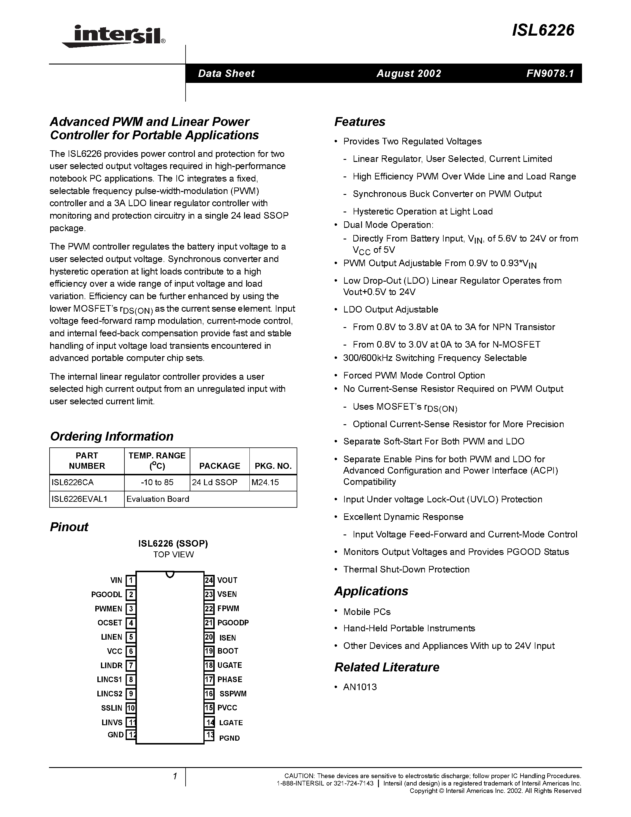 Datasheet ISL6226CA - Advanced PWM and Linear Power Controller for Portable Applications page 1