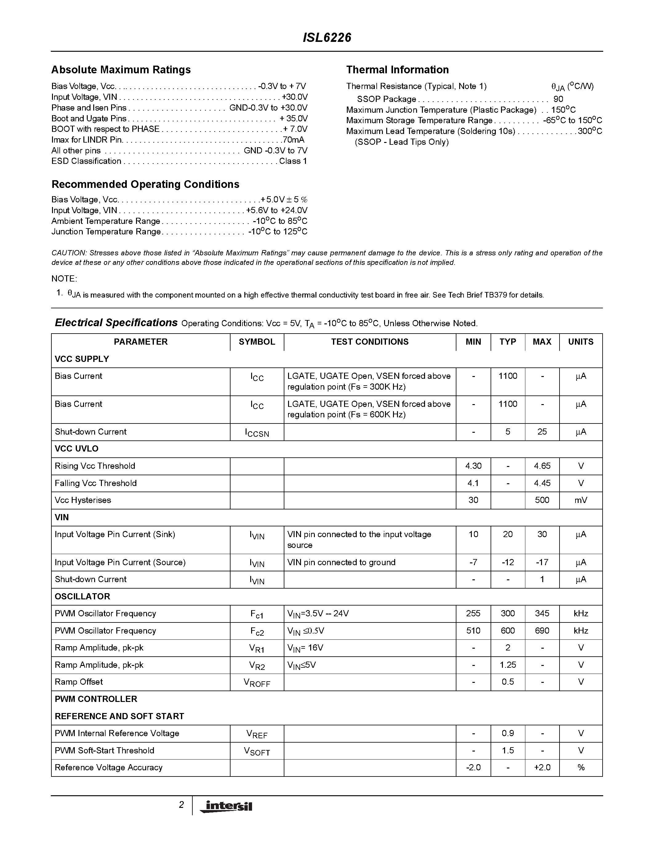 Datasheet ISL6226CA - Advanced PWM and Linear Power Controller for Portable Applications page 2