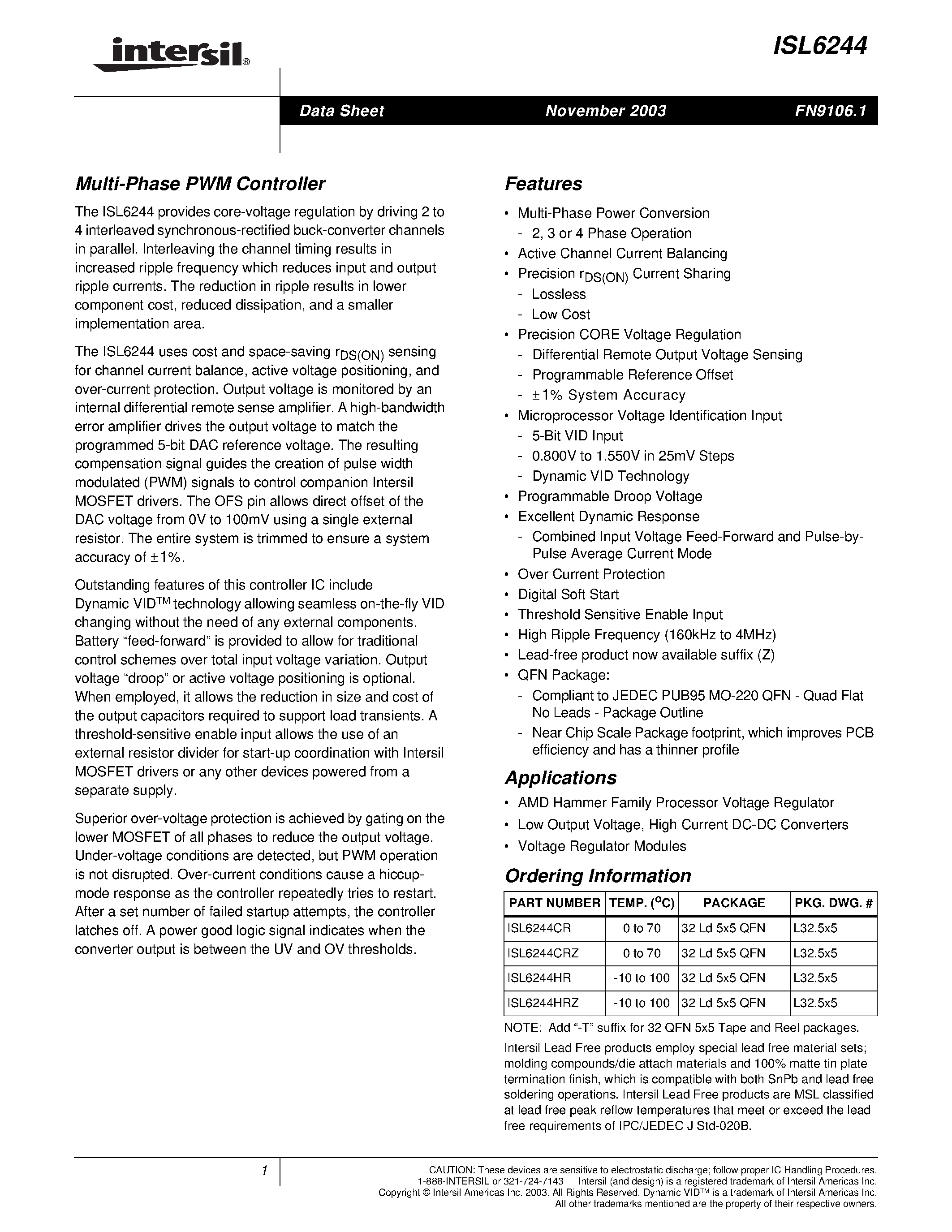 Datasheet ISL6244HR page 1 Datasheet ISL6244HR - Multi-Phase PWM Controller page 1
