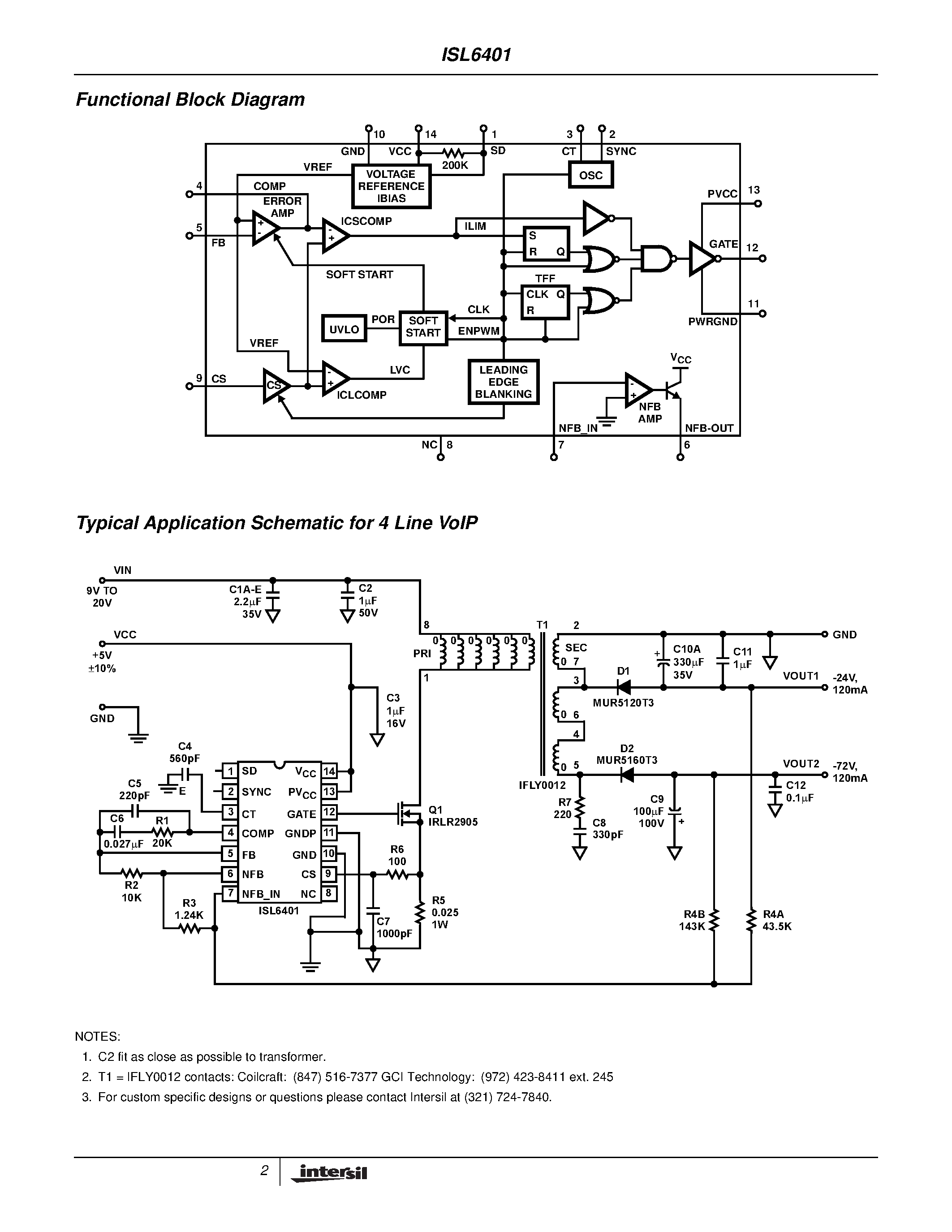 Datasheet ISL6401CR - Synchronizing Current Mode PWM for Subscriber Line Interface Circuits (SLICs) page 2