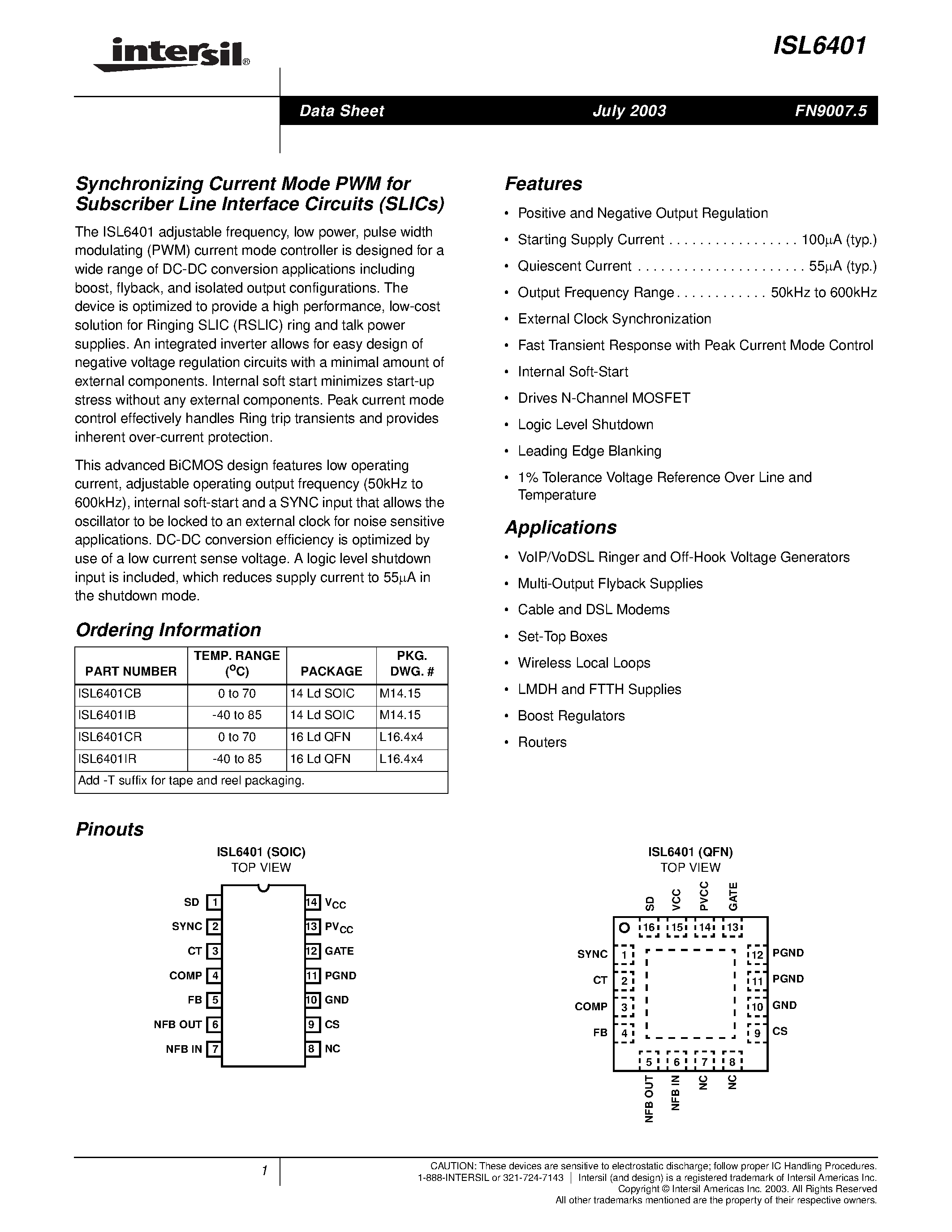 Datasheet ISL6401IR - Synchronizing Current Mode PWM for Subscriber Line Interface Circuits (SLICs) page 1