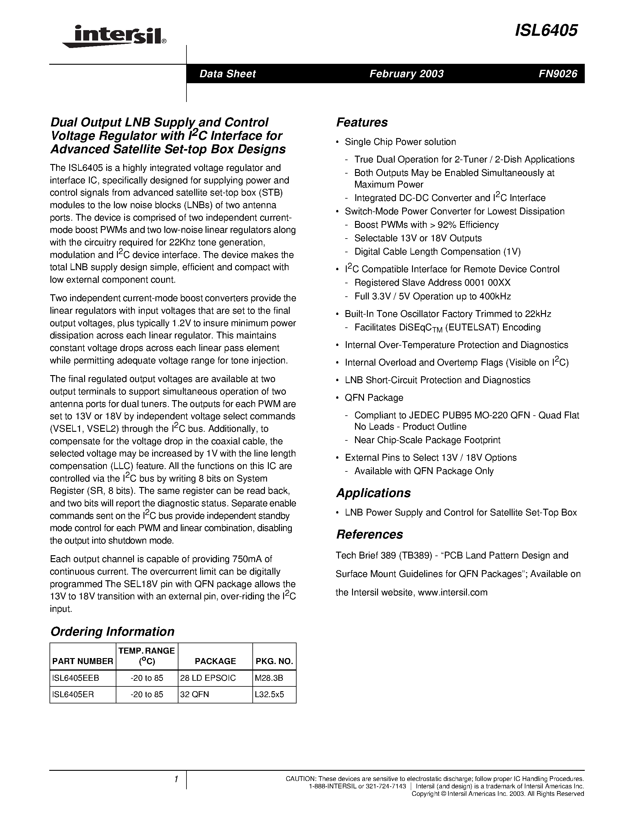 Datasheet ISL6405ER - Dual Output LNB Supply and Control Voltage Regulator with I2C Interface for Advanced Satellite Set-top Box Designs page 1