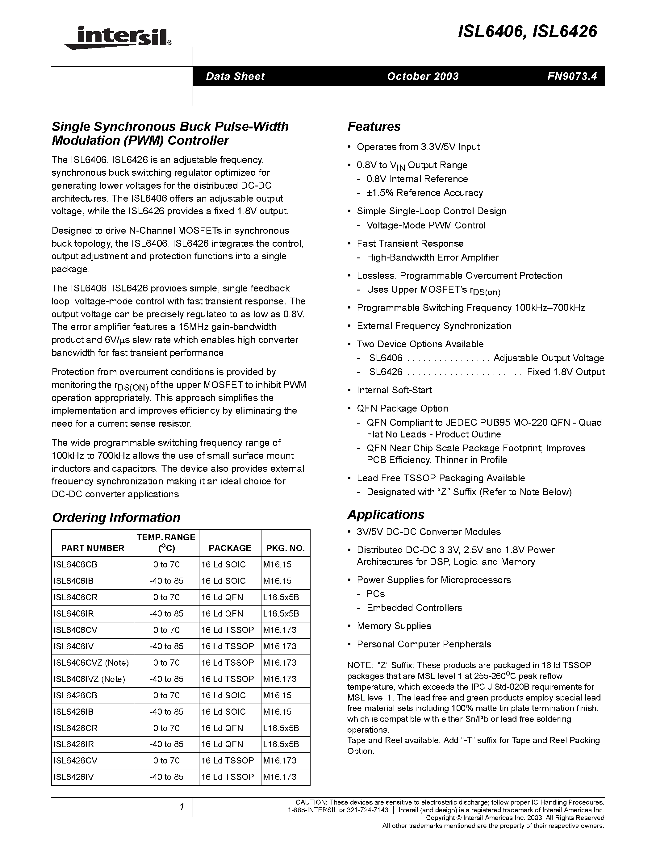 Datasheet ISL6406 - Single Synchronous Buck Pulse-Width Modulation (PWM) Controller page 1