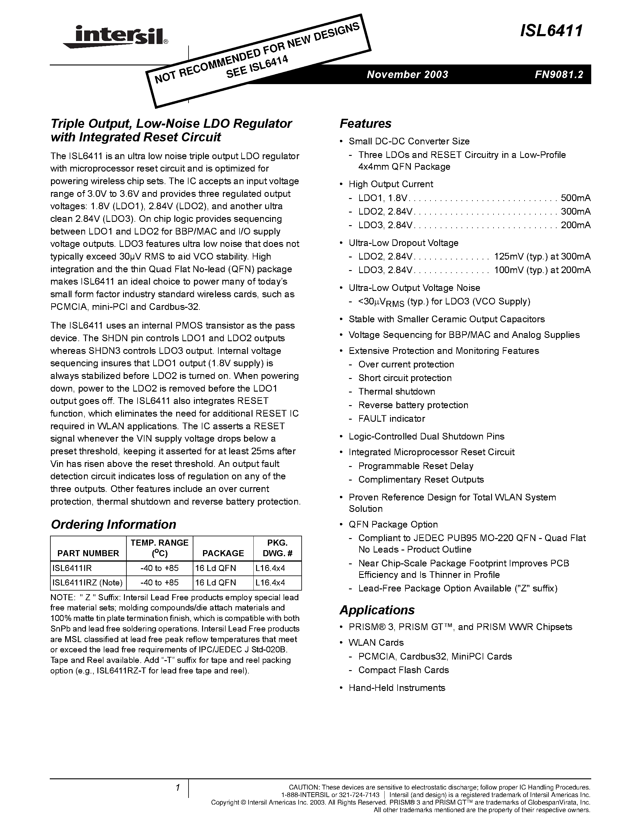 Datasheet ISL6411 - Triple Output/ Low-Noise LDO Regulator with Integrated Reset Circuit page 1