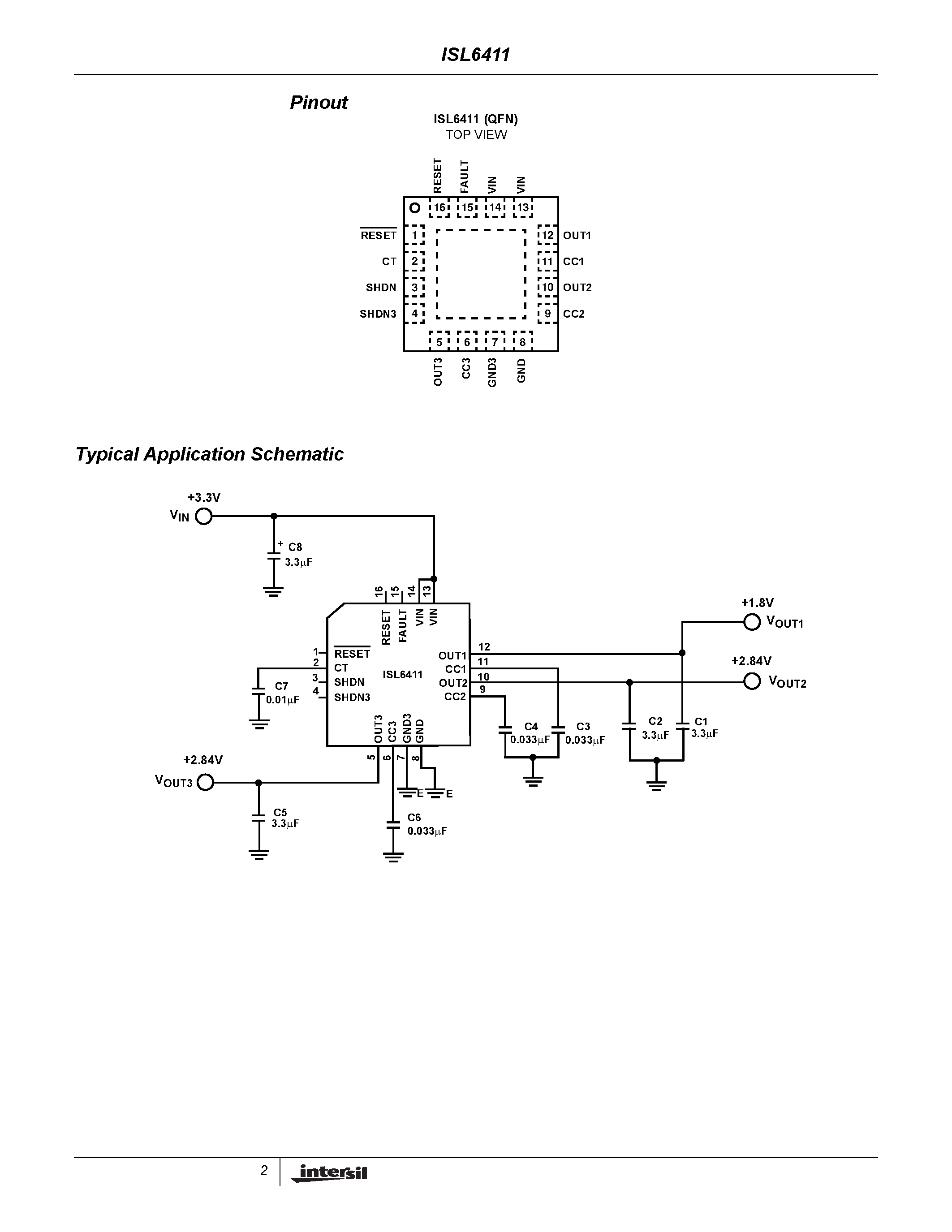 Datasheet ISL6411 - Triple Output/ Low-Noise LDO Regulator with Integrated Reset Circuit page 2