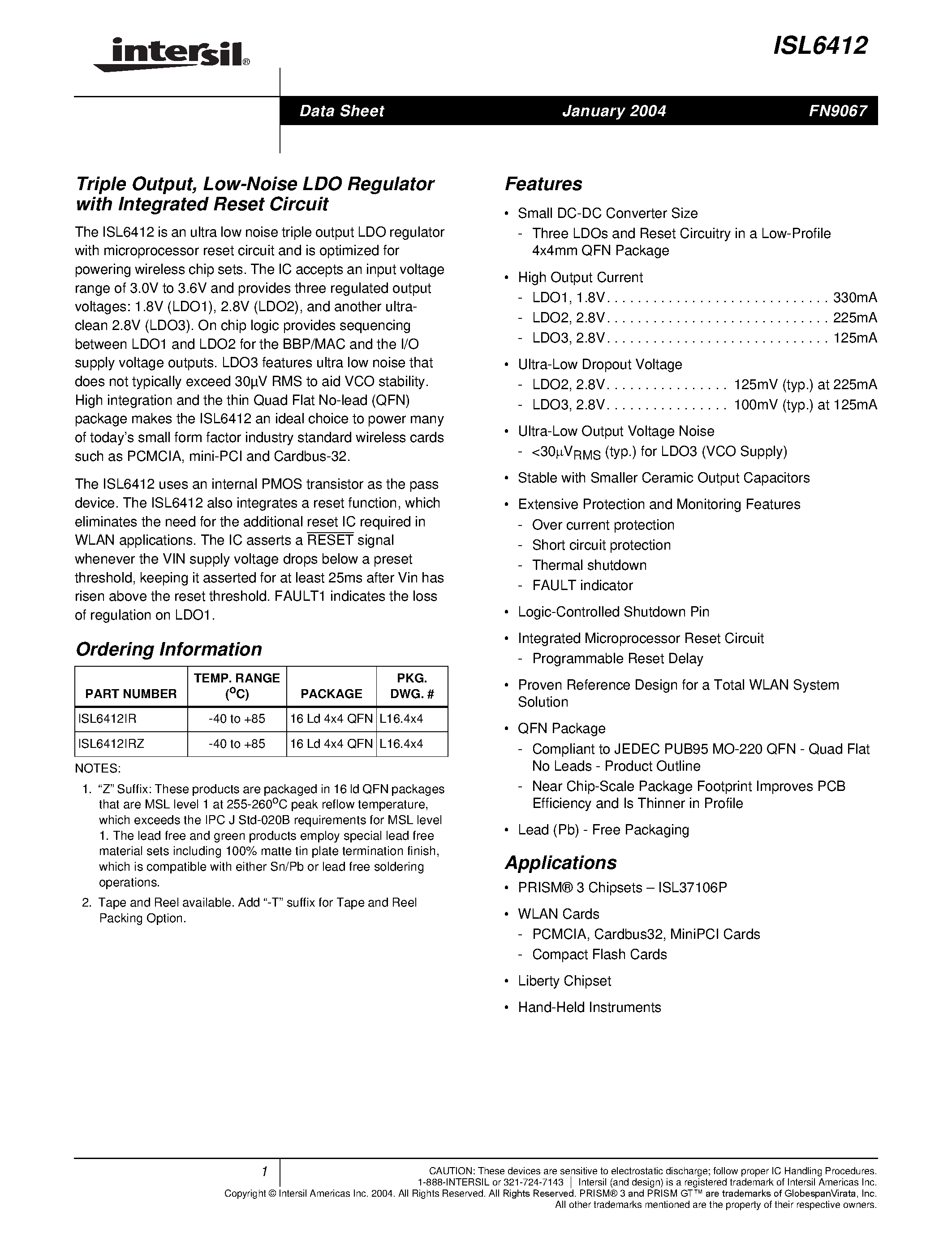 Datasheet ISL6412IR - Triple Output/ Low-Noise LDO Regulator with Integrated Reset Circuit page 1