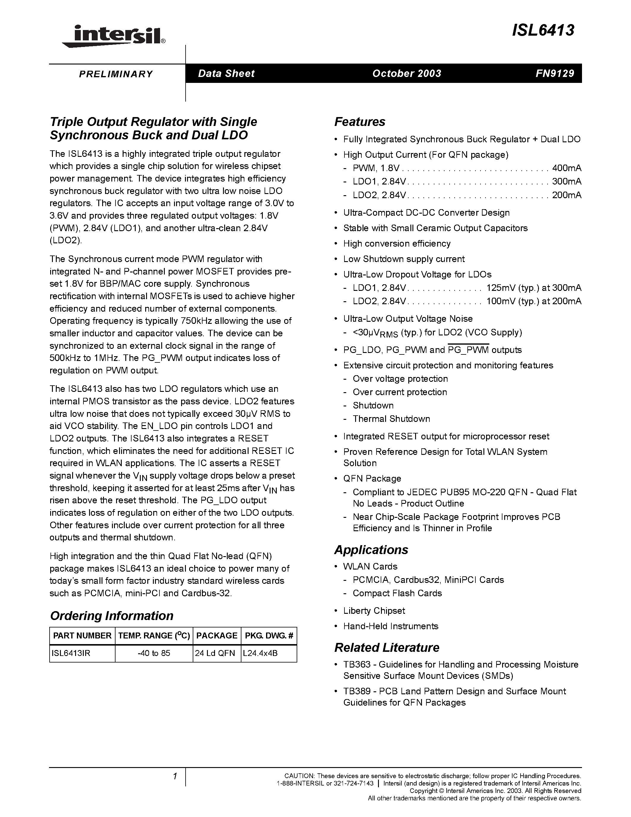 Datasheet ISL6413IR - Triple Output Regulator with Single Synchronous Buck and Dual LDO page 1