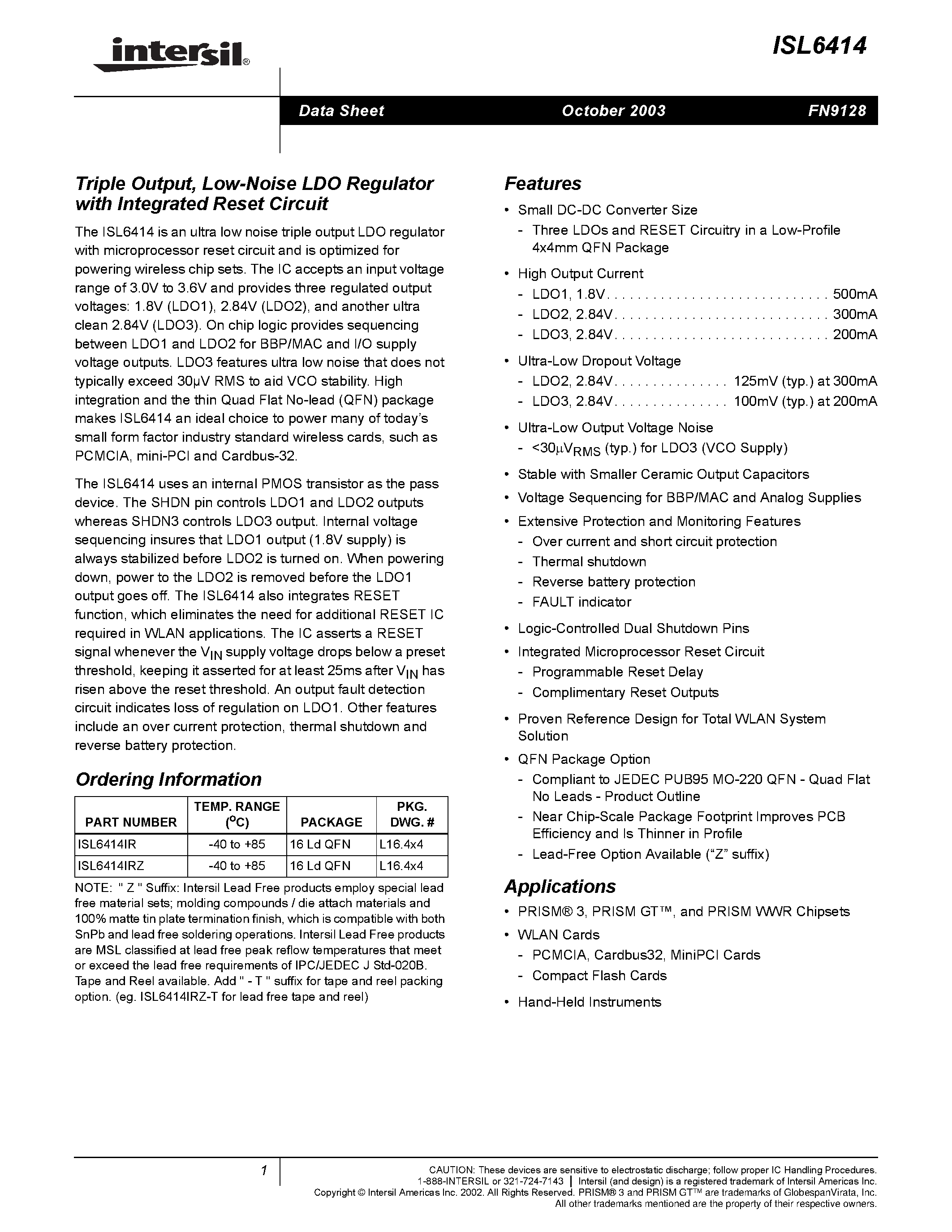 Datasheet ISL6414IRZ - Triple Output/ Low-Noise LDO Regulator with Integrated Reset Circuit page 1