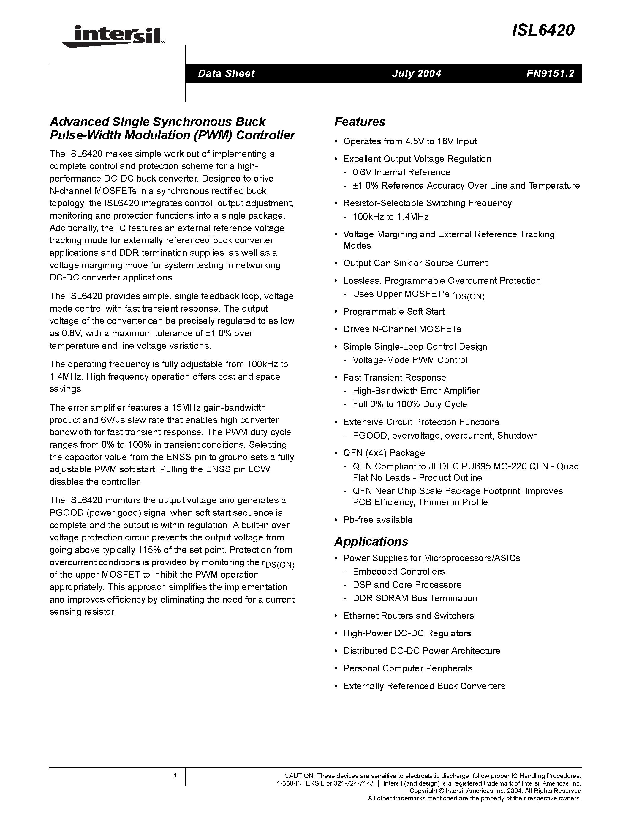 Datasheet ISL6420IR - Advanced Single Synchronous Buck Pulse-Width Modulation (PWM) Controller page 1