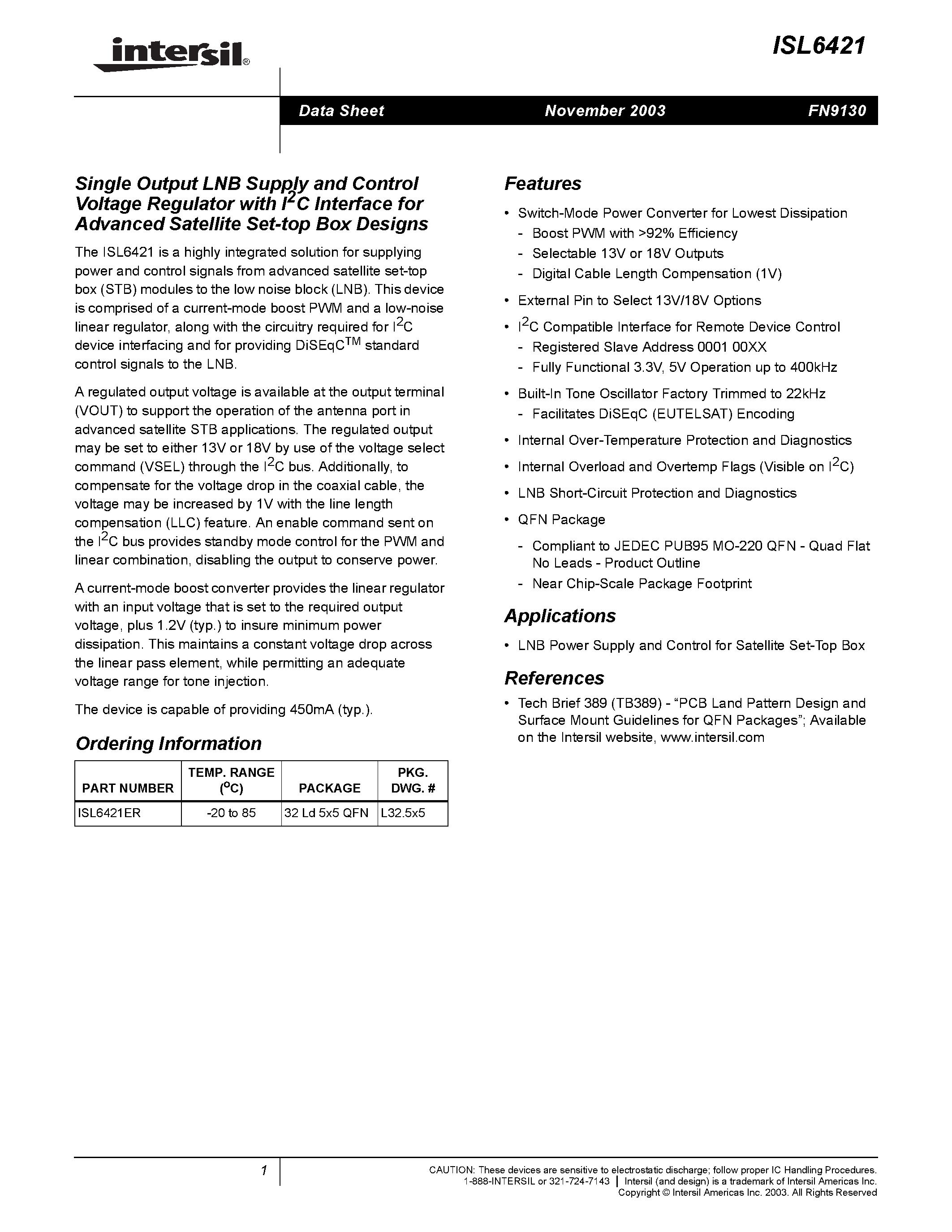Datasheet ISL6421 - Single Output LNB Supply and Control Voltage Regulator with I2C Interface for Advanced Satellite Set-top Box Designs page 1