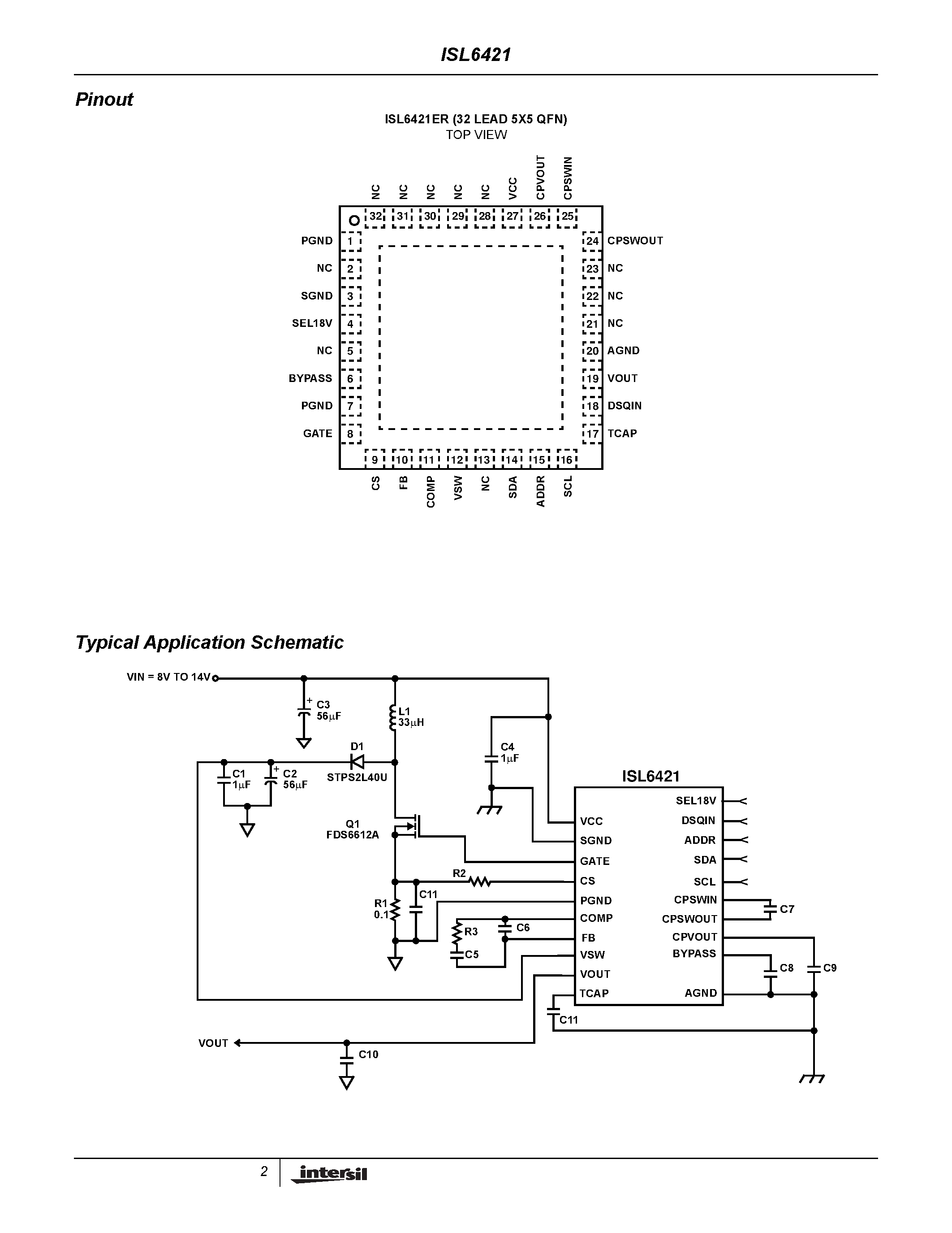 Datasheet ISL6421 - Single Output LNB Supply and Control Voltage Regulator with I2C Interface for Advanced Satellite Set-top Box Designs page 2