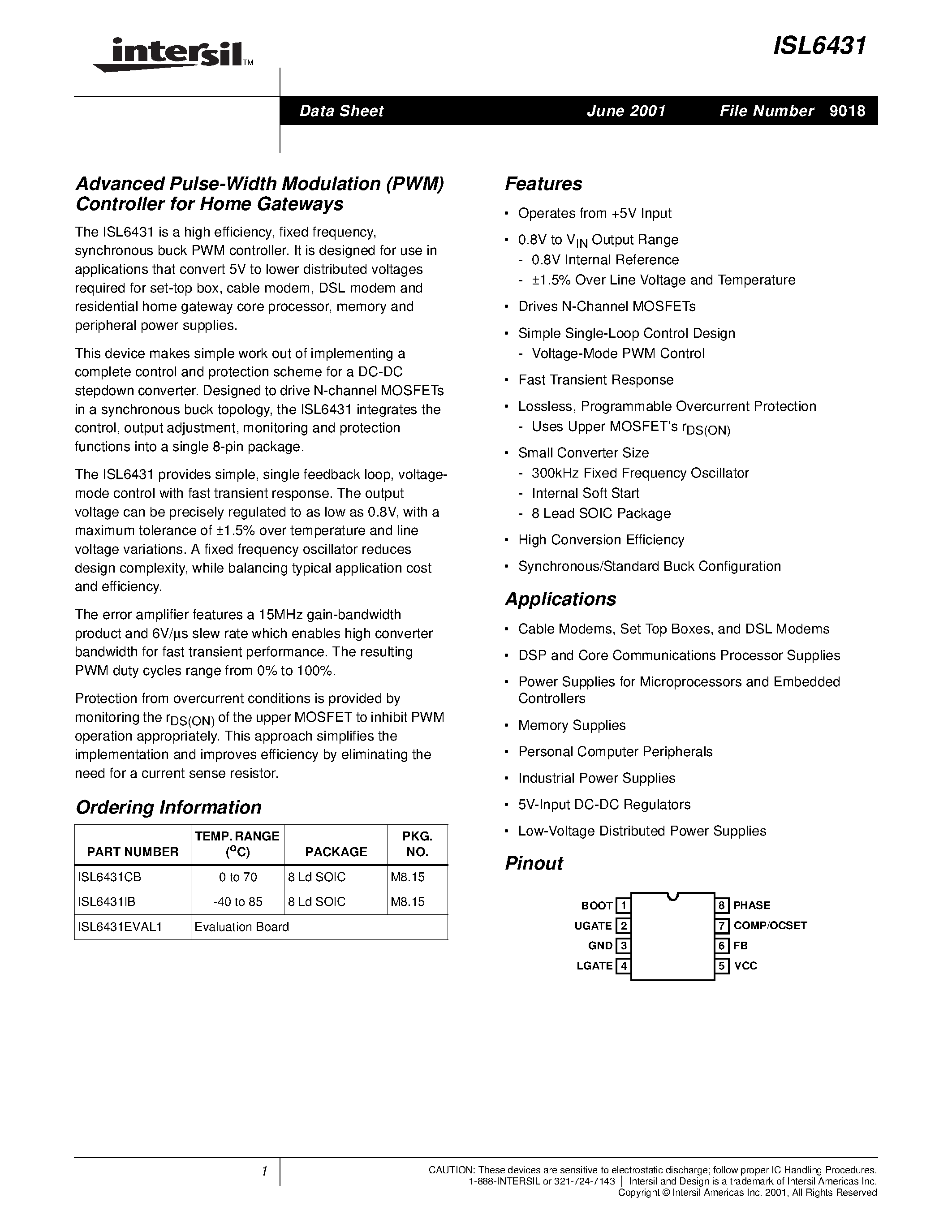 Datasheet ISL6431 page 1 Datasheet ISL6431 - Advanced Pulse-Width Modulation (PWM) Controller for Home Gateways page 1