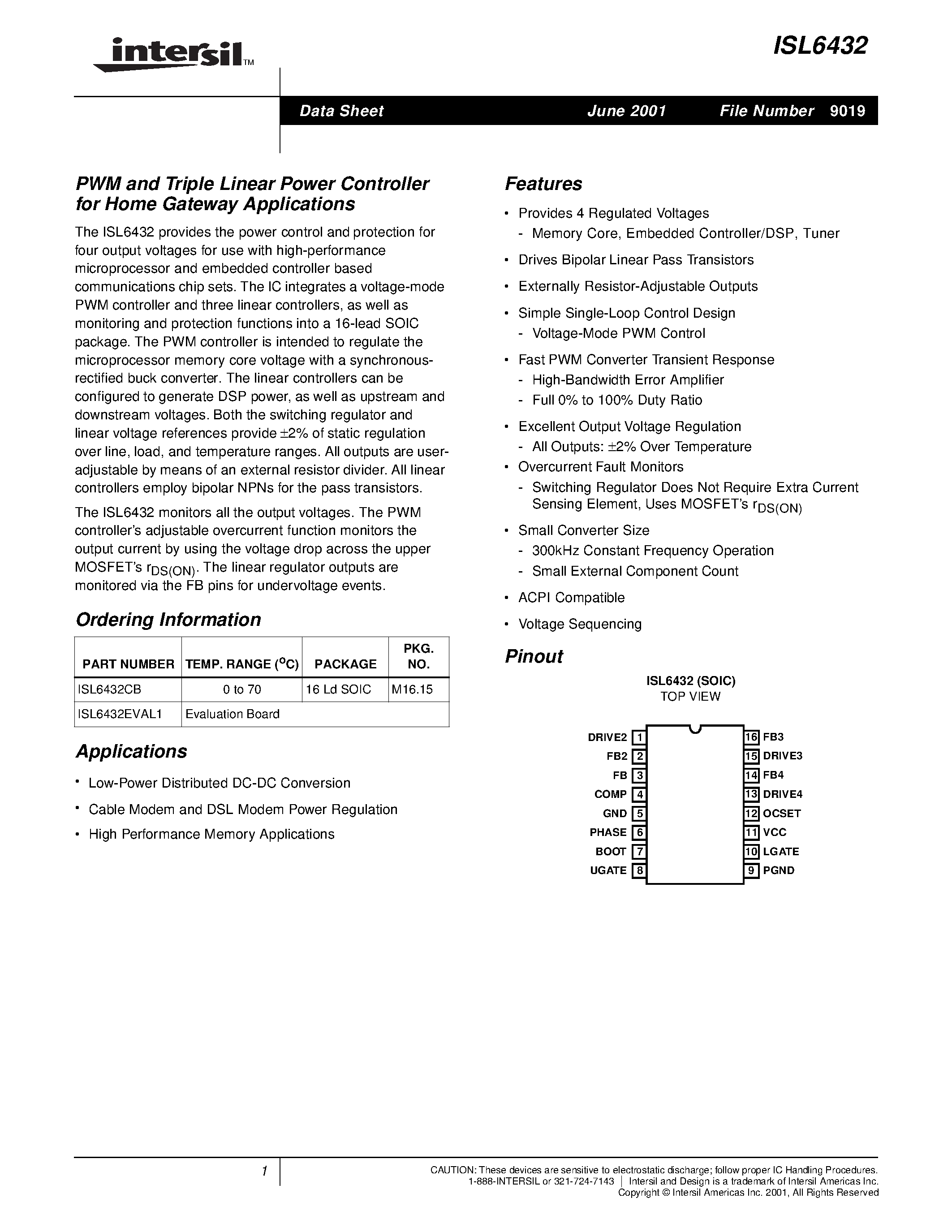 Datasheet ISL6432CB page 1 Datasheet ISL6432CB - PWM and Triple Linear Power Controller for Home Gateway Applications page 1