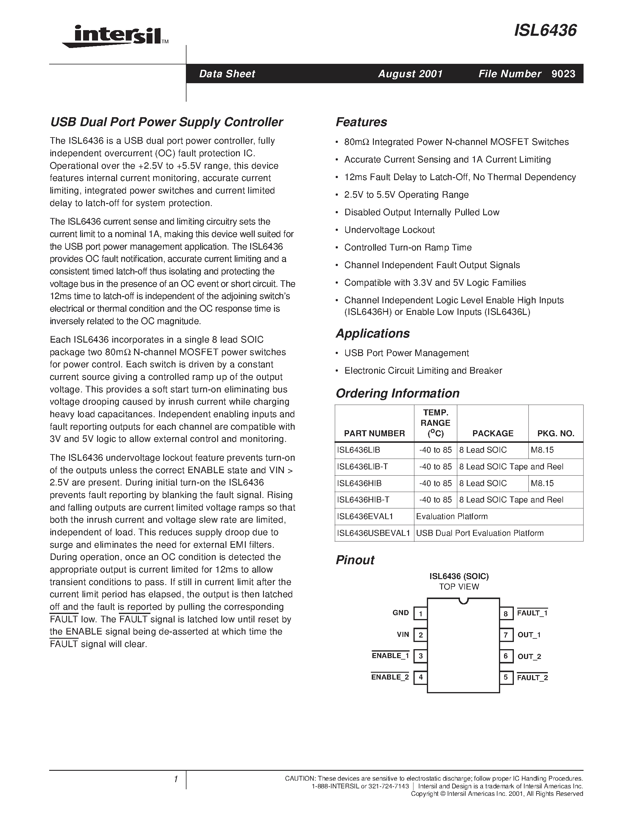 Datasheet ISL6436HIB page 1 Datasheet ISL6436HIB - USB Dual Port Power Supply Controller page 1
