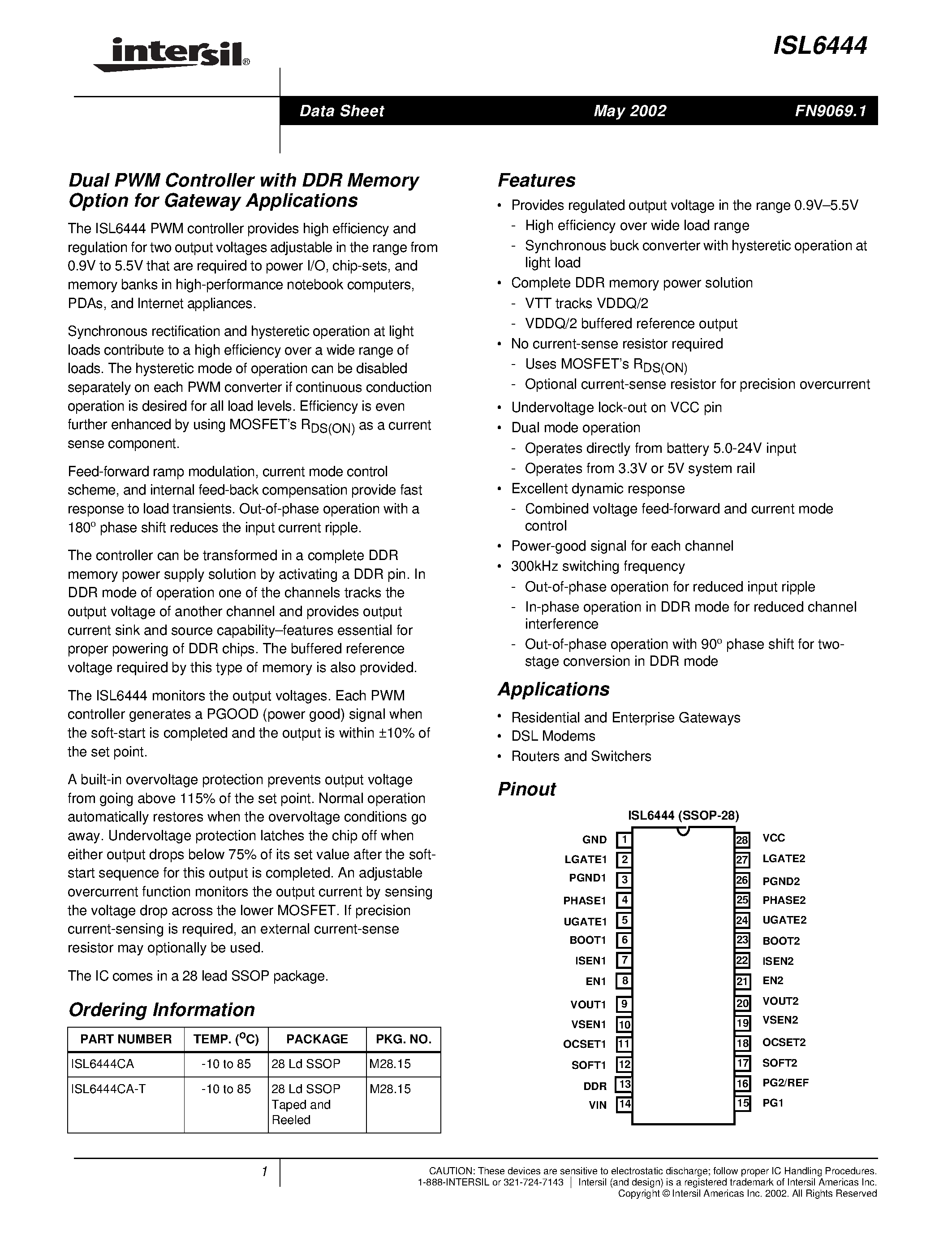 Datasheet ISL6444 page 1 Datasheet ISL6444 - Dual PWM Controller with DDR Memory Option for Gateway Applications page 1