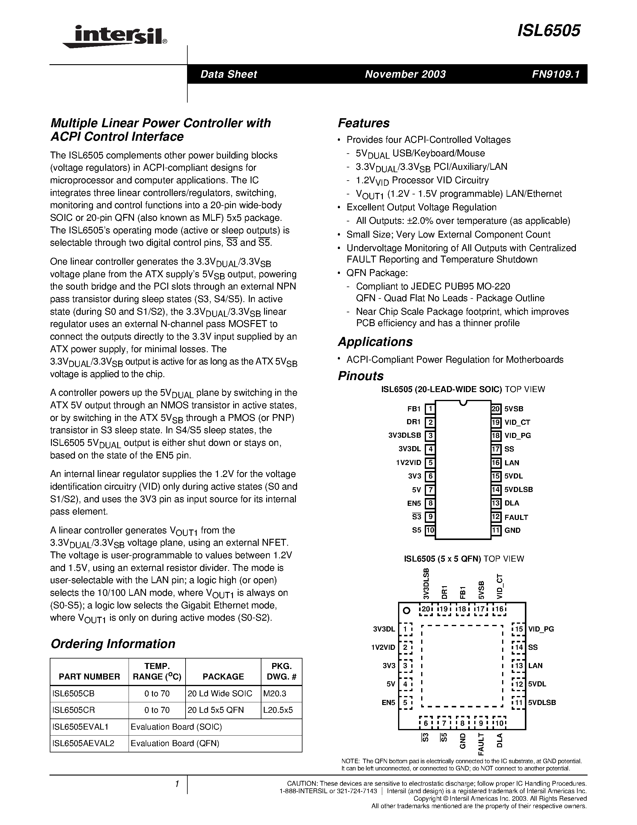 Datasheet ISL6505AEVAL2 page 1 Datasheet ISL6505AEVAL2 - Multiple Linear Power Controller with ACPI Control Interface page 1