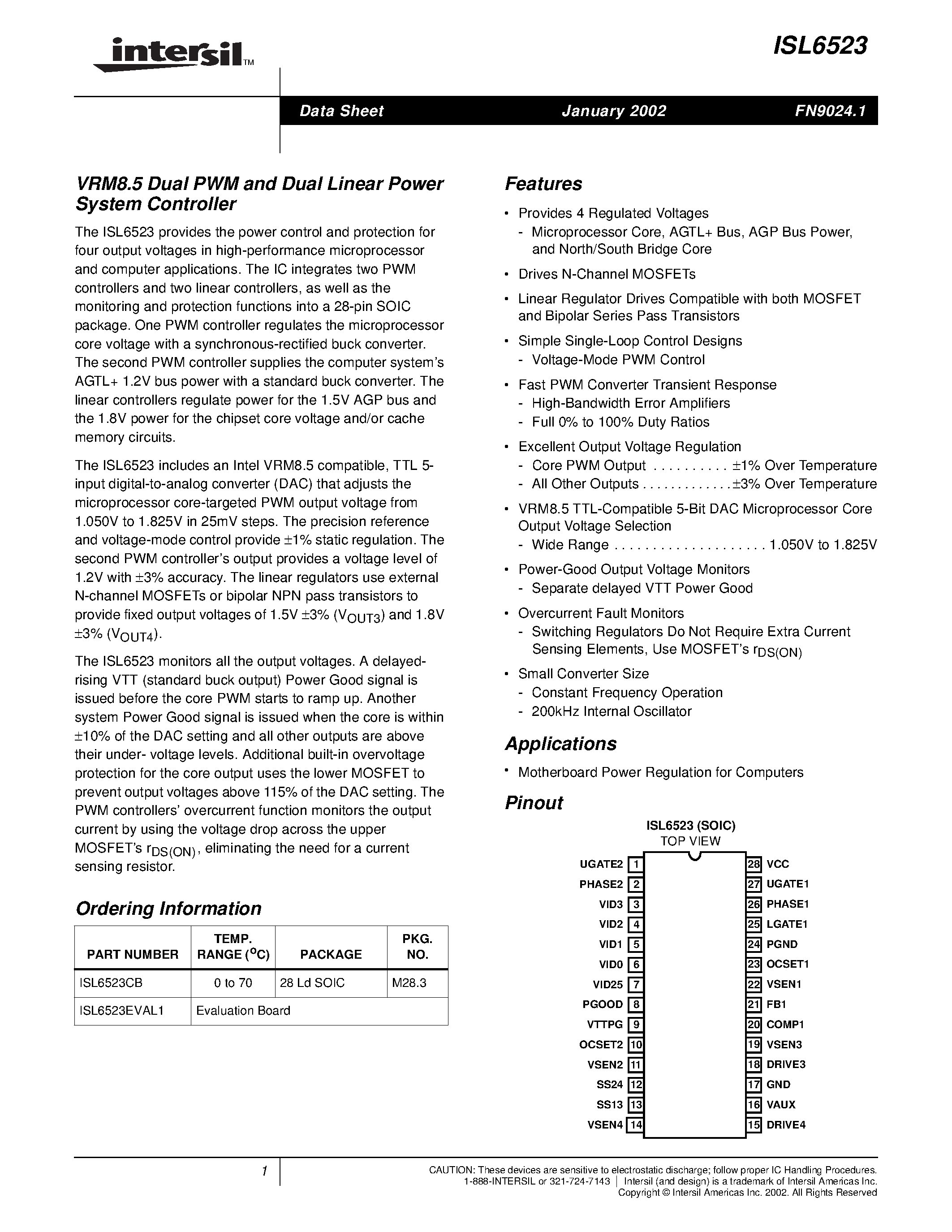 Даташит на микросхему ISL6523 страница 1 Даташит ISL6523 - VRM8.5 Dual PWM and Dual Linear Power System Controller страница 1