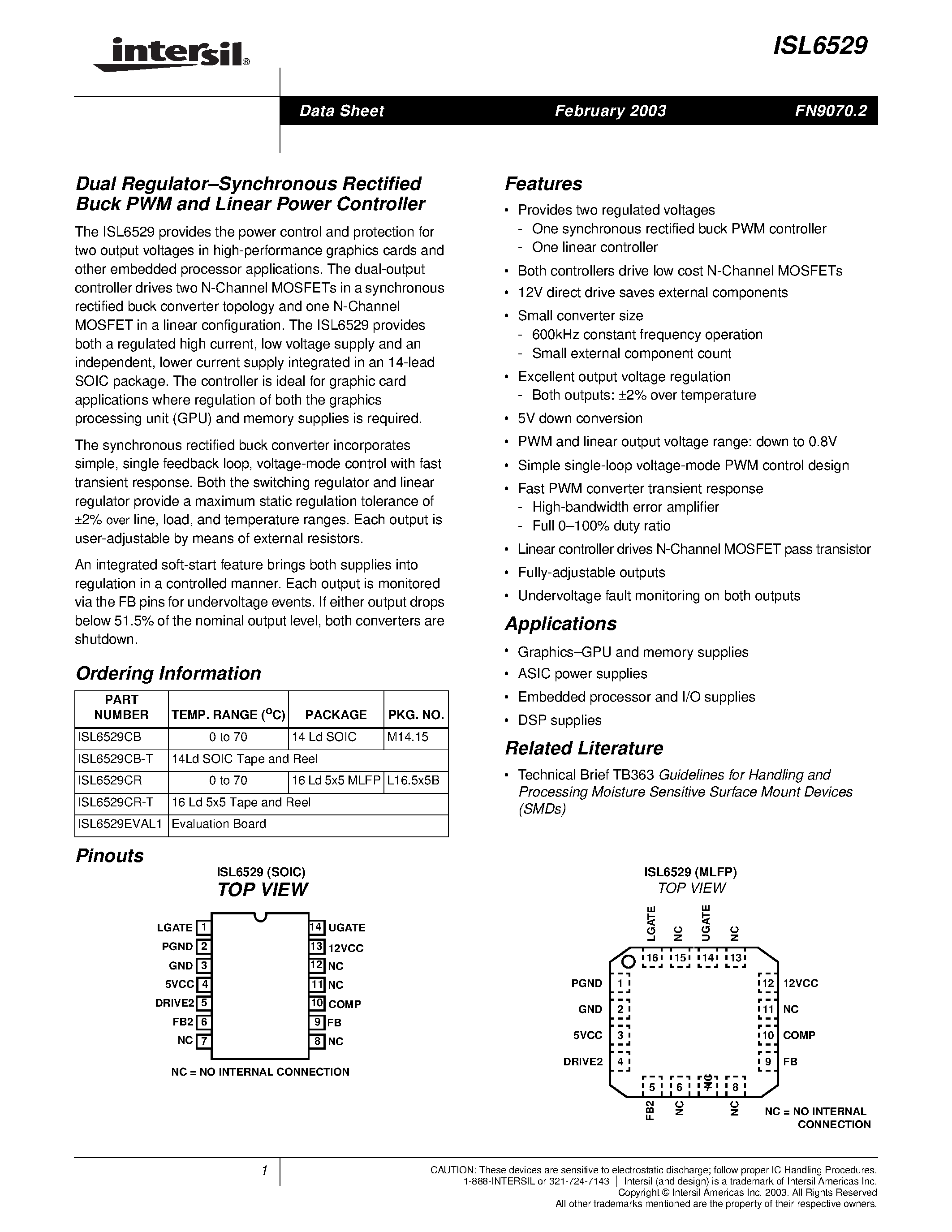 Datasheet ISL6529EVAL1 - Dual Regulator.Synchronous Rectified Buck PWM and Linear Power Controller page 1