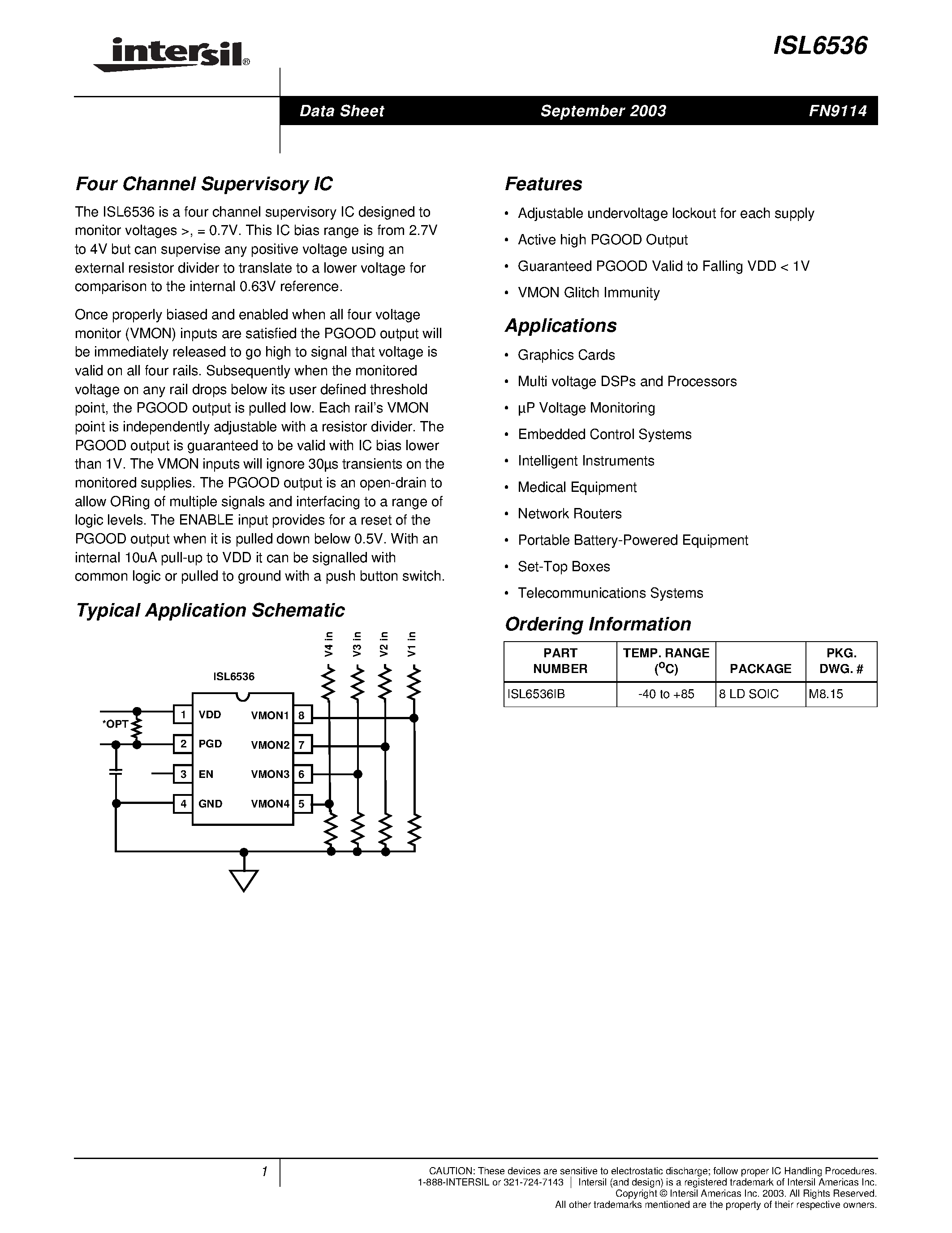 Datasheet ISL6536IB page 1 Datasheet ISL6536IB - Four Channel Supervisory IC page 1
