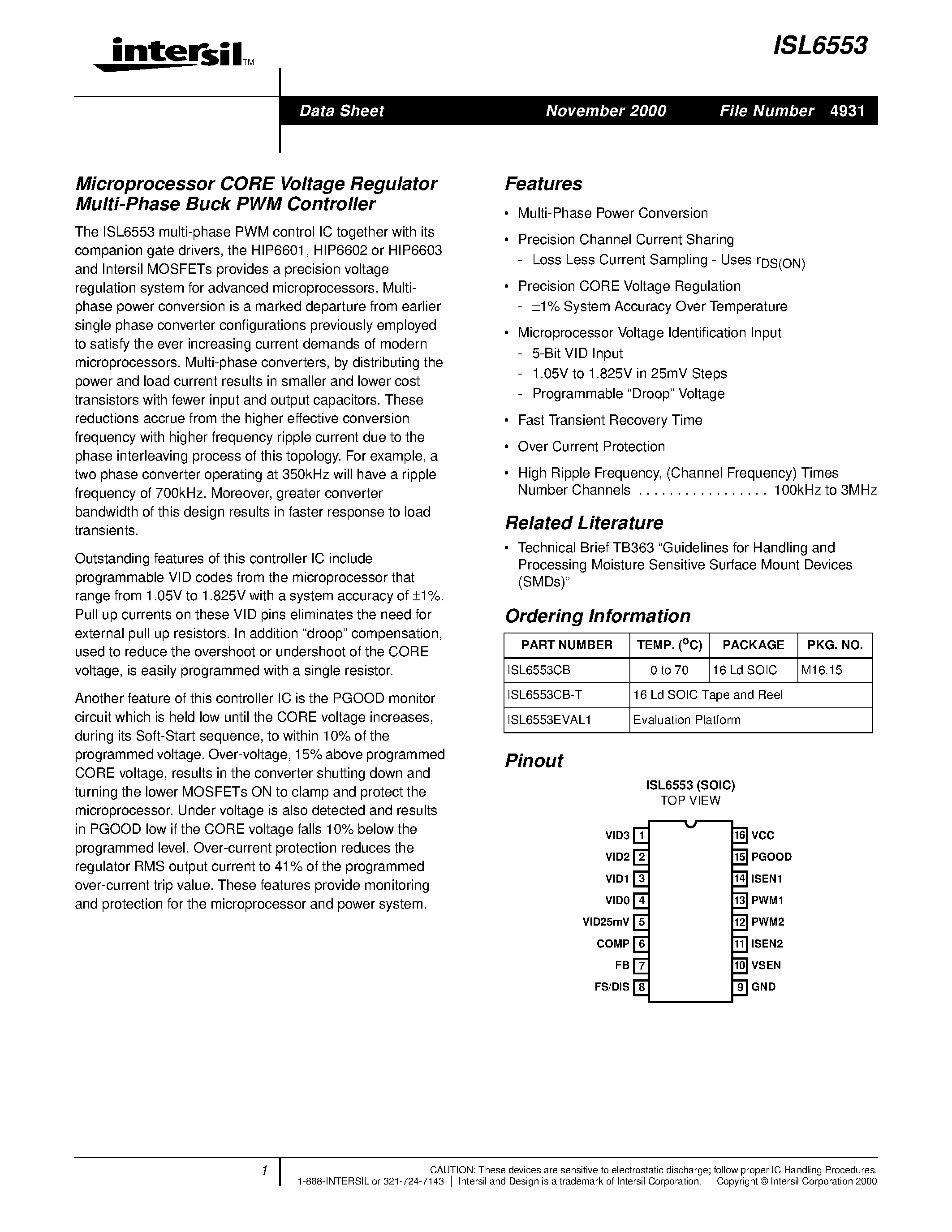 Datasheet ISL6553CB page 1 Datasheet ISL6553CB - Microprocessor CORE Voltage Regulator Multi-Phase Buck PWM Controller page 1