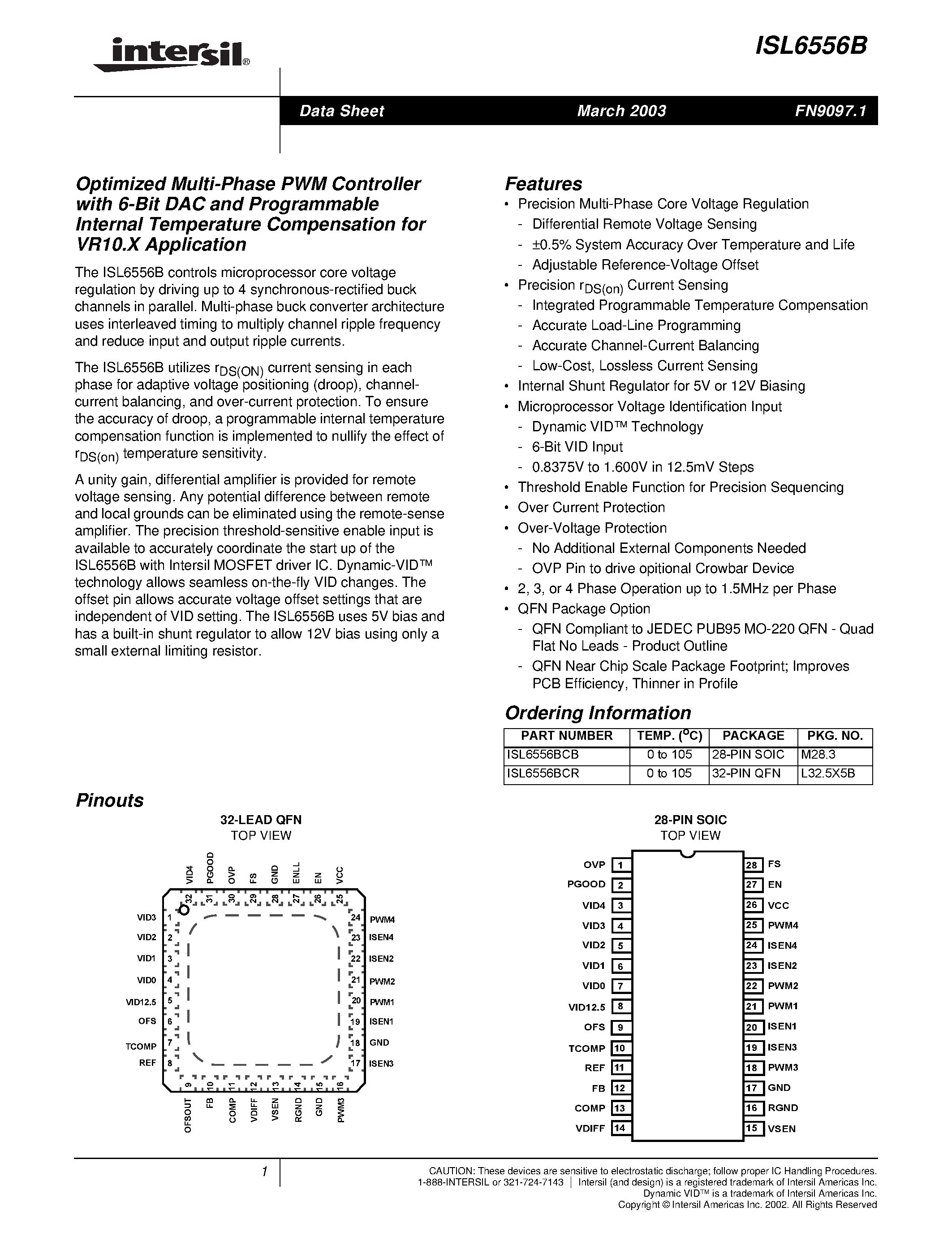 Даташит ISL6556BCB - Optimized Multi-Phase PWM Controller with 6-Bit DAC and Programmable Internal Temperature Compensation for VR10.X Application страница 1