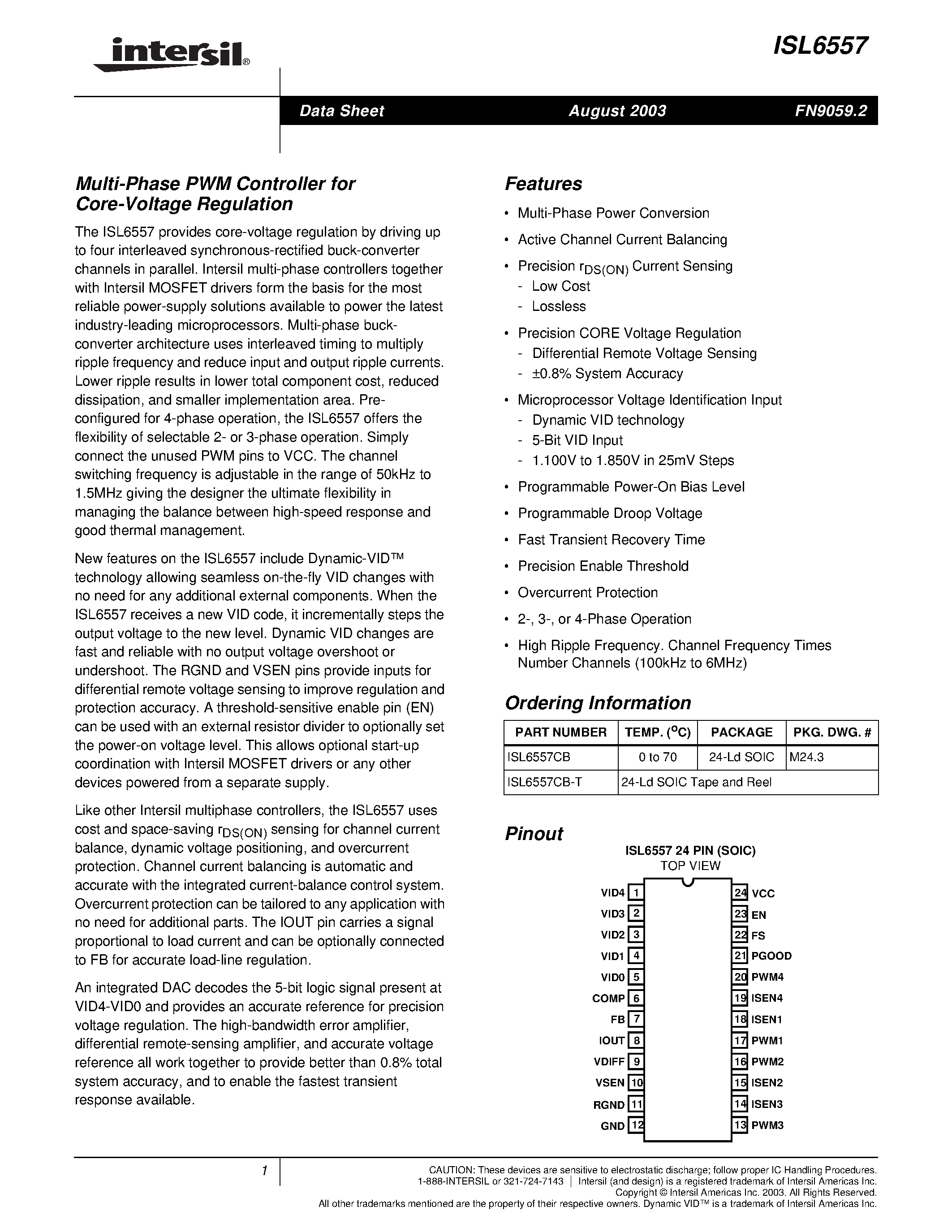 Datasheet ISL6557 page 1 Datasheet ISL6557 - Multi-Phase PWM Controller for Core-Voltage Regulation page 1