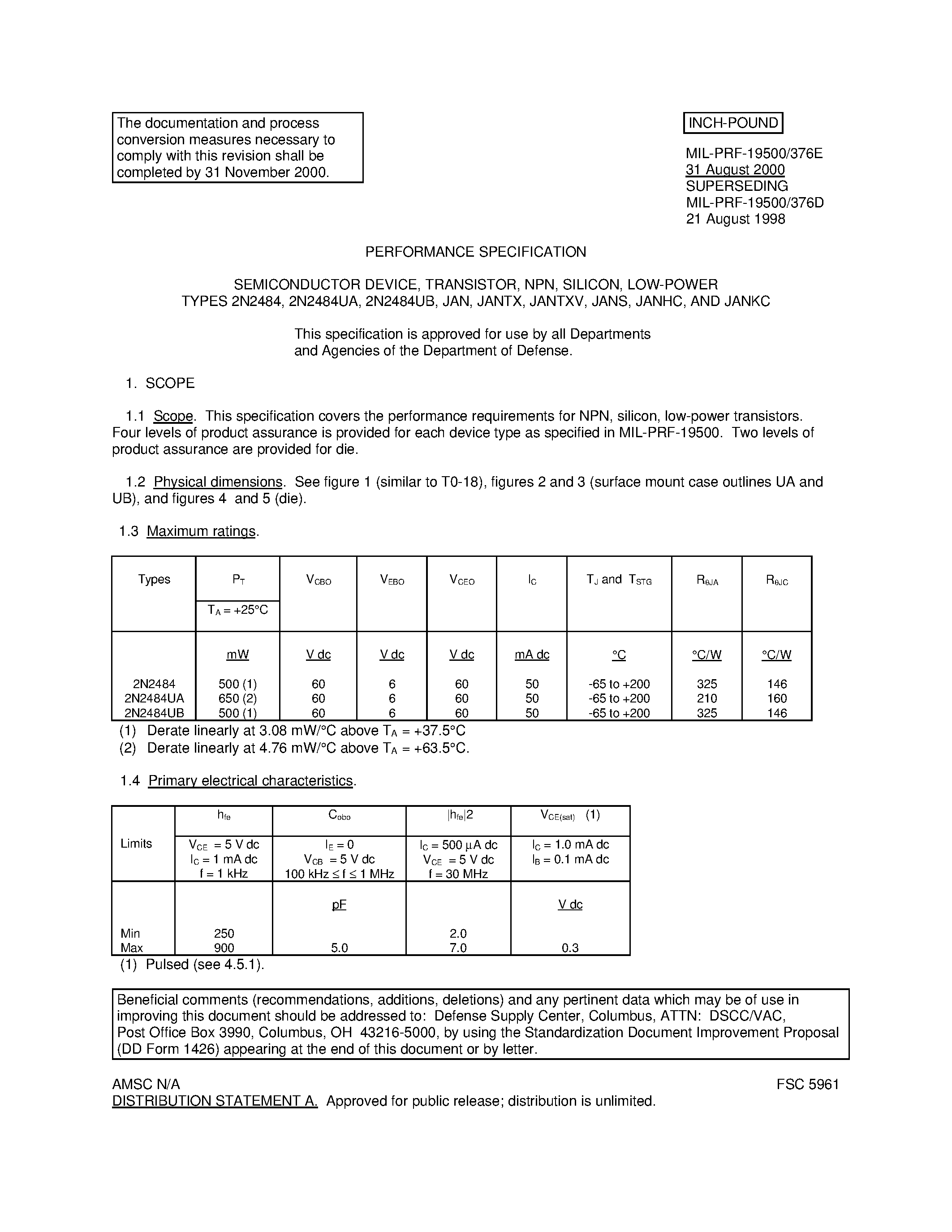 Datasheet JANHCA2N2484 page 1 Datasheet JANHCA2N2484 - SEMICONDUCTOR DEVICE/ TRANSISTOR/ NPN/ SILICON/ LOW-POWER TYPES 2N2484/ 2N2484UA/ 2N2484UB/ JAN/ JANTX/ JANTXV/ JANS/ JANHC/ AND JANKC page 1