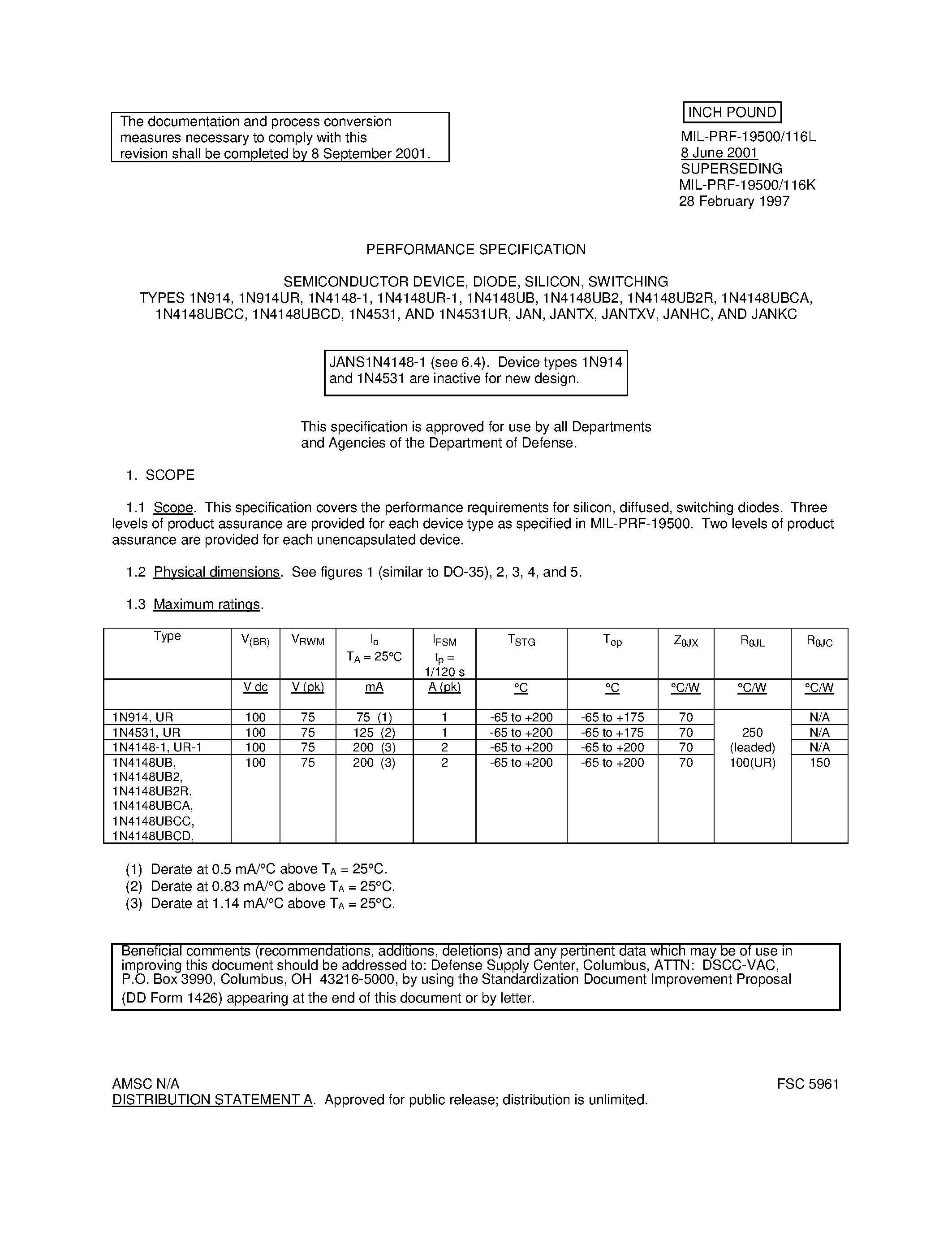 Даташит JANS1N4148-1 - PERFORMANCE SPECIFICATION страница 1