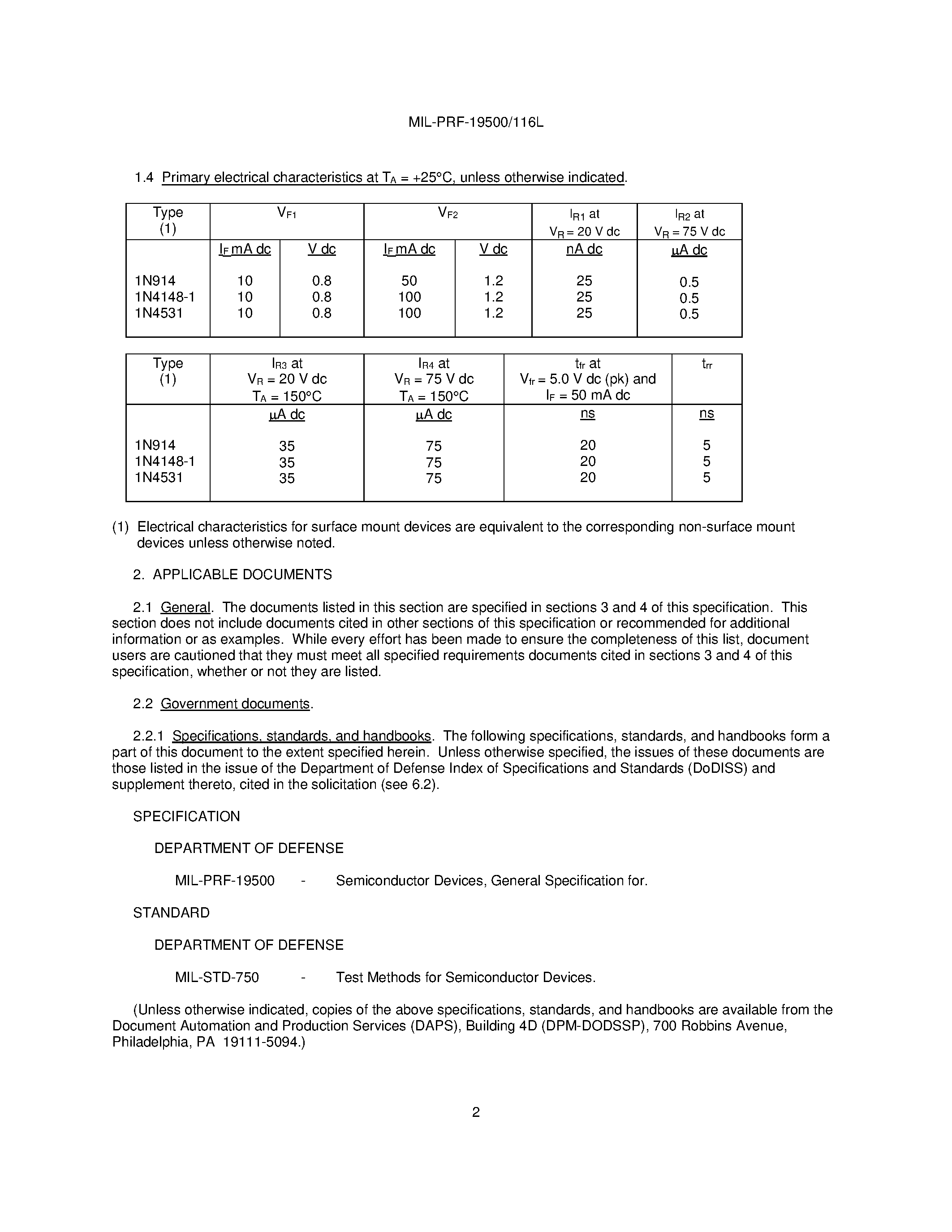 Даташит JANS1N4148-1 - PERFORMANCE SPECIFICATION страница 2