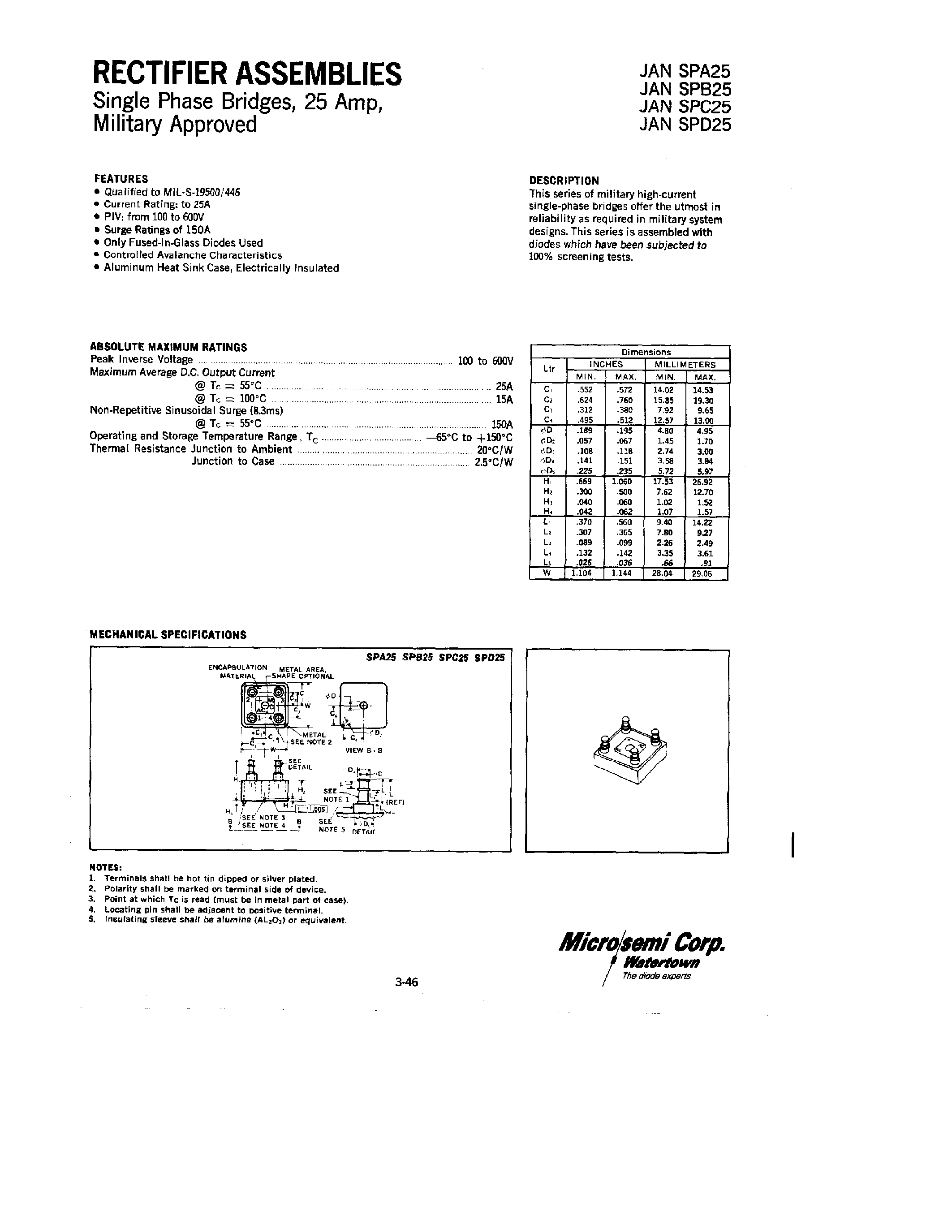 Datasheet JANSPD25 page 1 Datasheet JANSPD25 - RECTIFIERS ASSEMBLIES SINGLE PHASE BRIDGES/ 25 AMP/ MILITARY APPROVED page 1